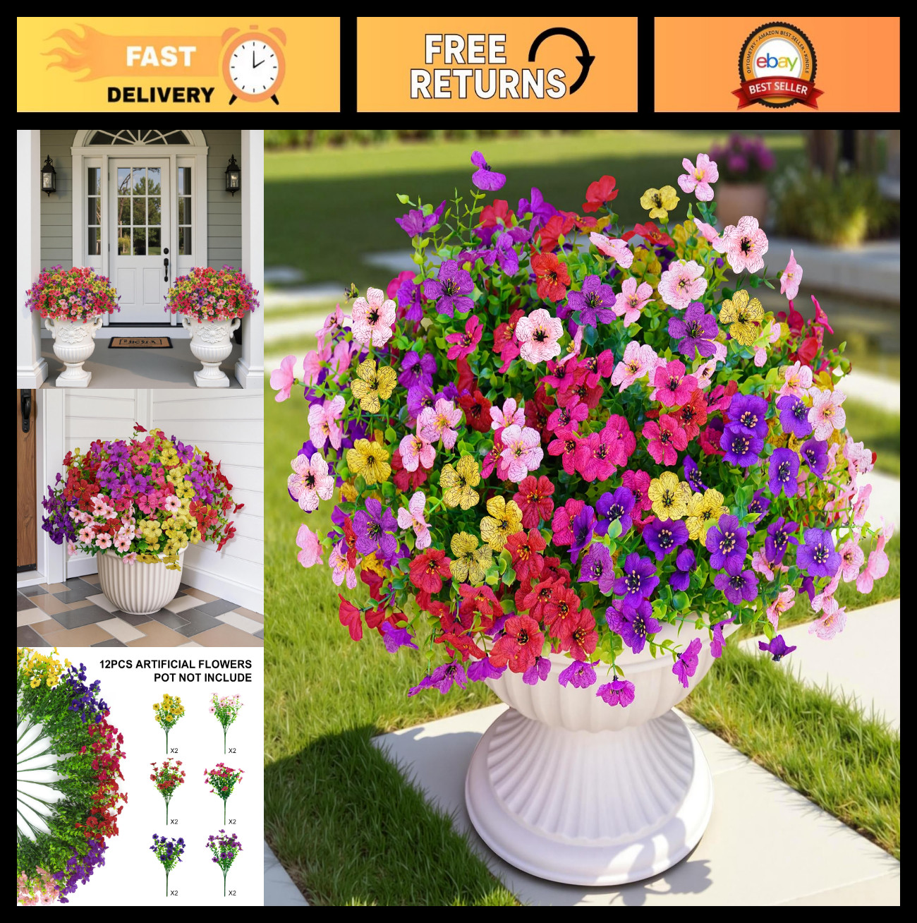 12 Bundles UV Resistant Faux Flowers – Realistic Silk Daisy Plants for Garden, P
