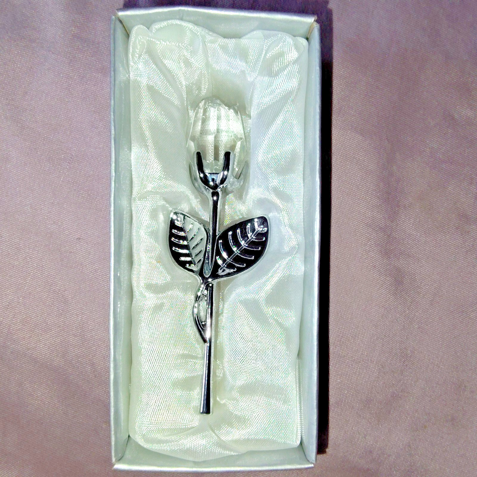Crystal Rose Silver Metal Stem Clear Glass Flower Gift Box 4″