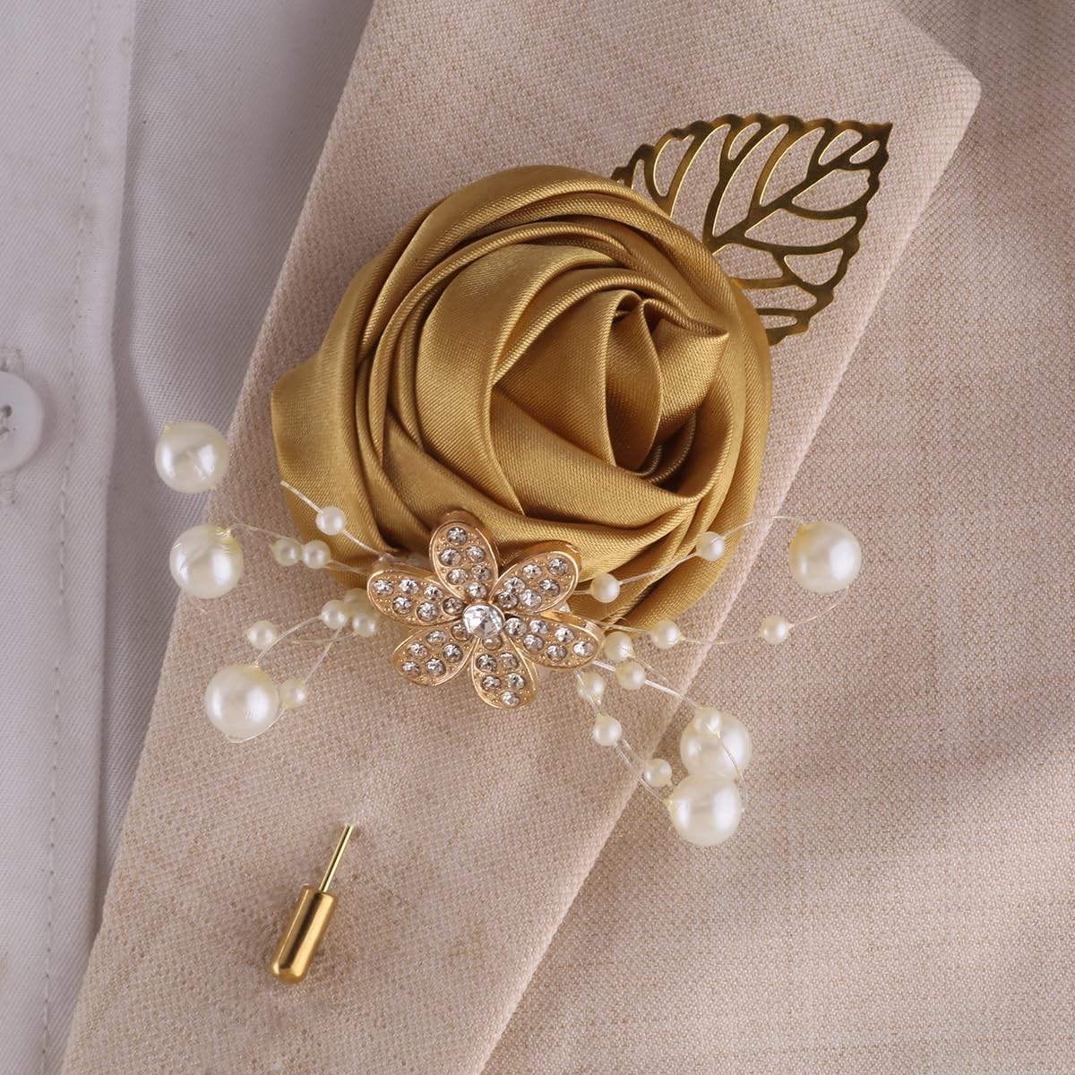 5 PCS Light Gold Leaf Faux Silk Rose Corsage Boutonniere Wedding Prom Decor
