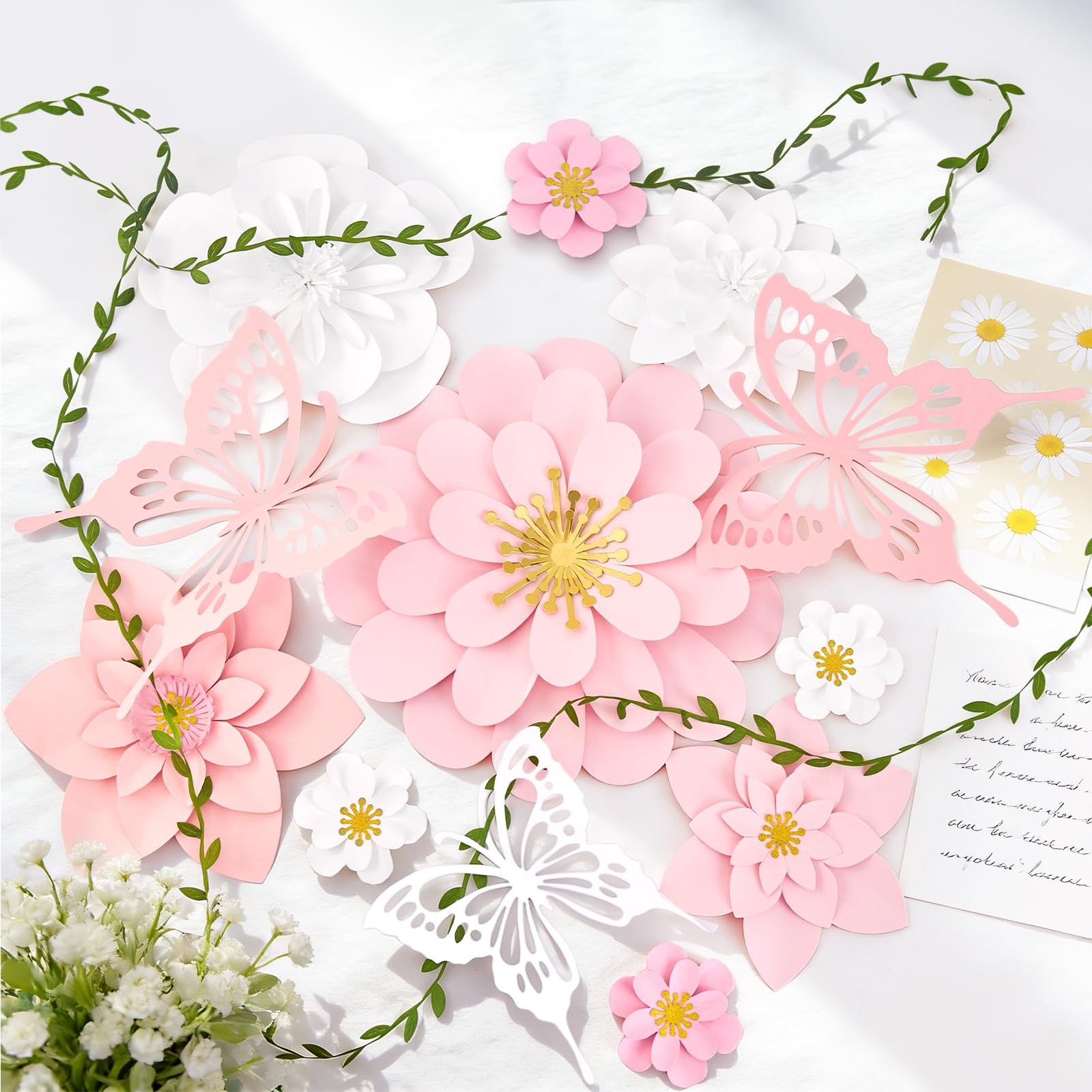 3D Paper Flowers Butterflies 9PC Pink White Garden Wall Decor Backdrop