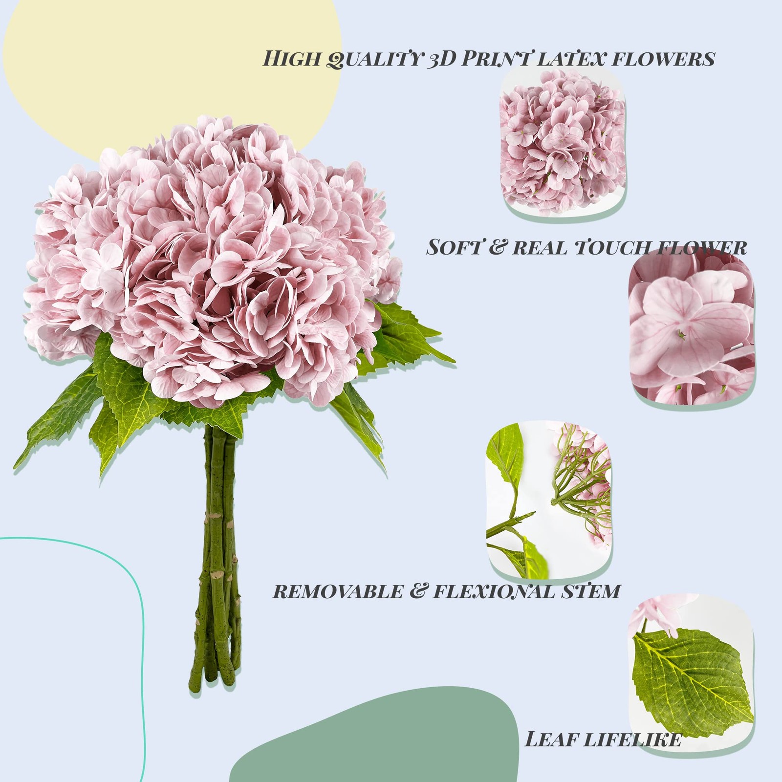 21In Pink Artificial Hydrangea Flowers 5 Pcs Real Touch 3D Print Latex Flower…
