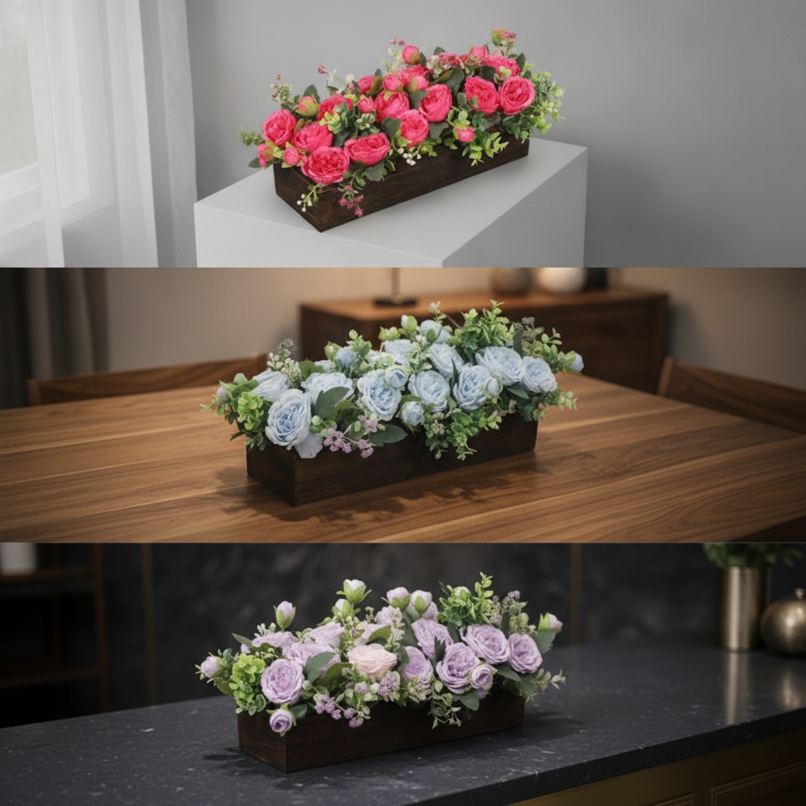 Faux Floral Centerpiece with Wooden Planter Box Full for Bridal Parties