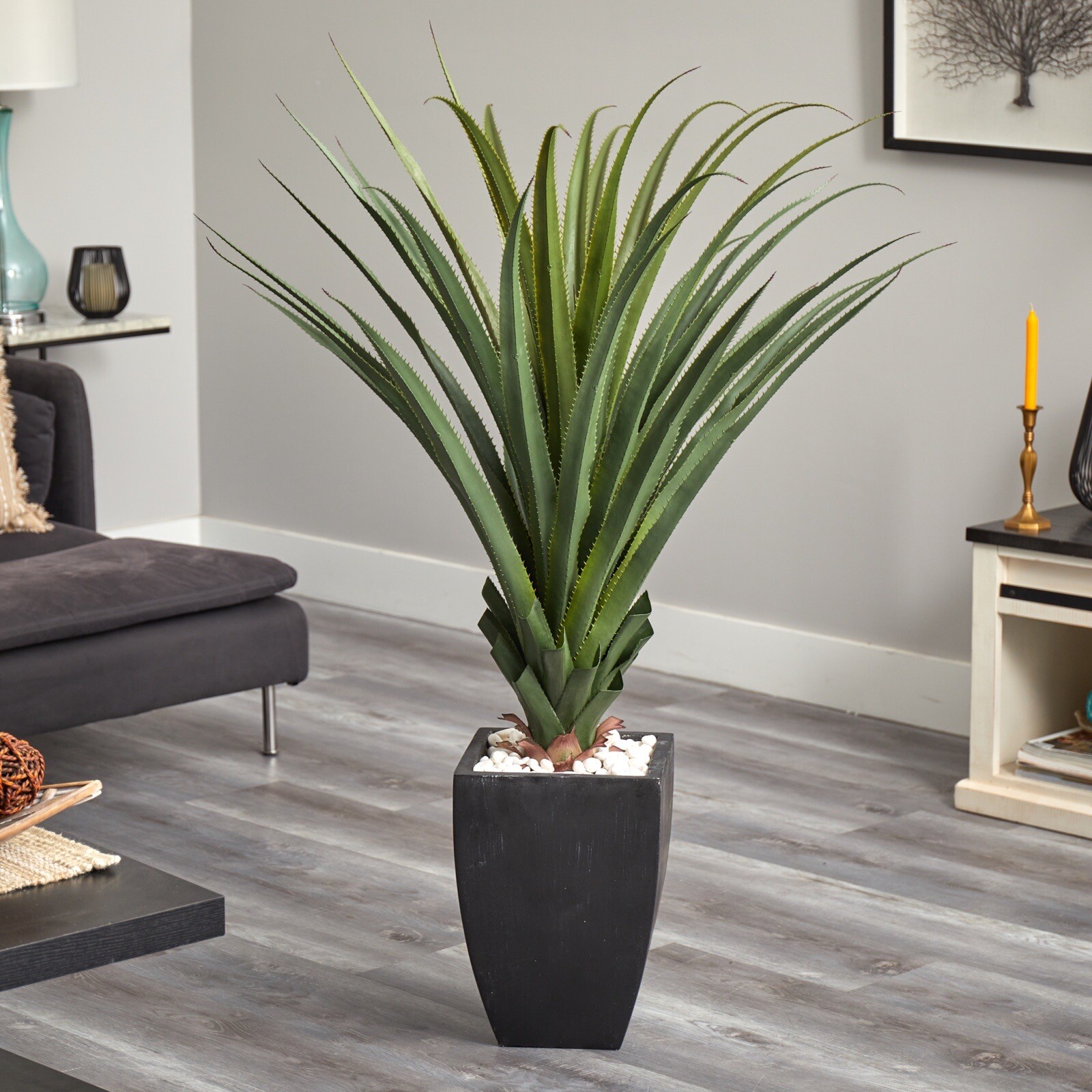 4.5’ Spiked Agave Artificial Tree in Black Planter (Indoor/Outdoor). Retail $320
