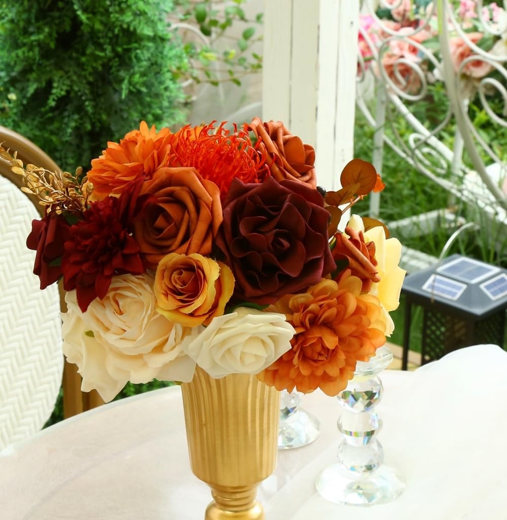 Artificial Flowers Orange Burgundy Combo Box Set For Diy Wedding Bouquet Arrange