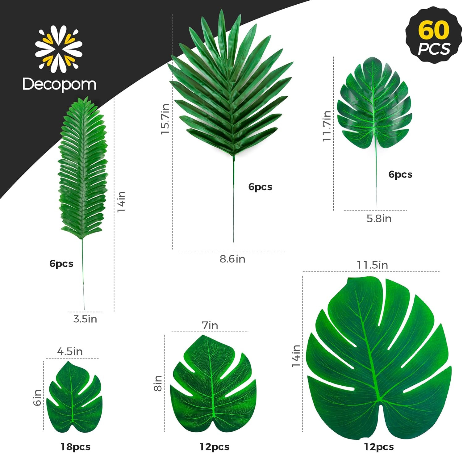 Artificial Palm Leaves 60-108 Pack – 6 Kinds Large Small Green Fake