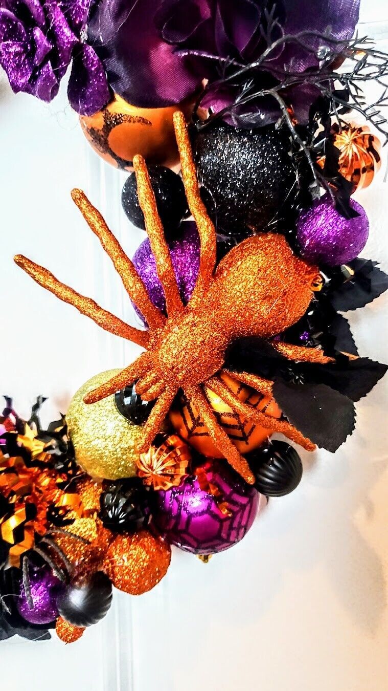 Halloween Ornament Wreath Large 18″ Handmade Front Door Glittered Rose Decor