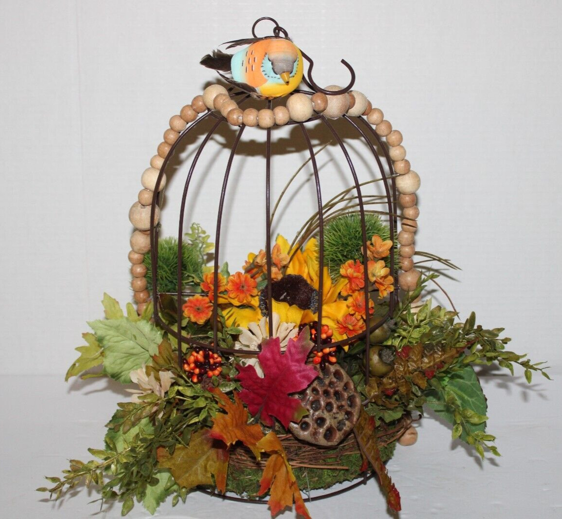 FALL AUTUMN FLOWER ARRANGEMENT BIRD CAGE CENTERPIECE 15”