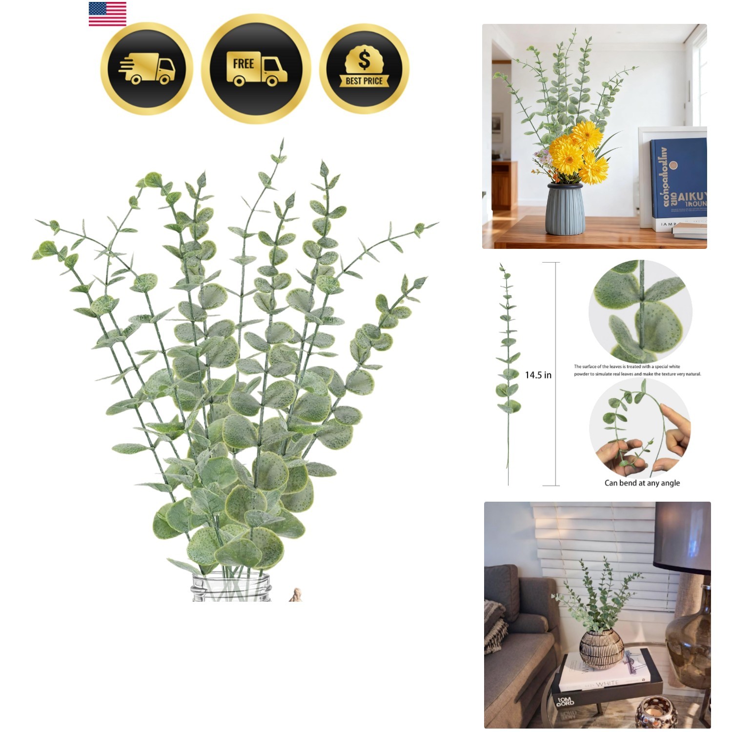10pcs Eucalyptus Stems Artificial Eucalyptus Leaves Fake Greenery Branches Fa…