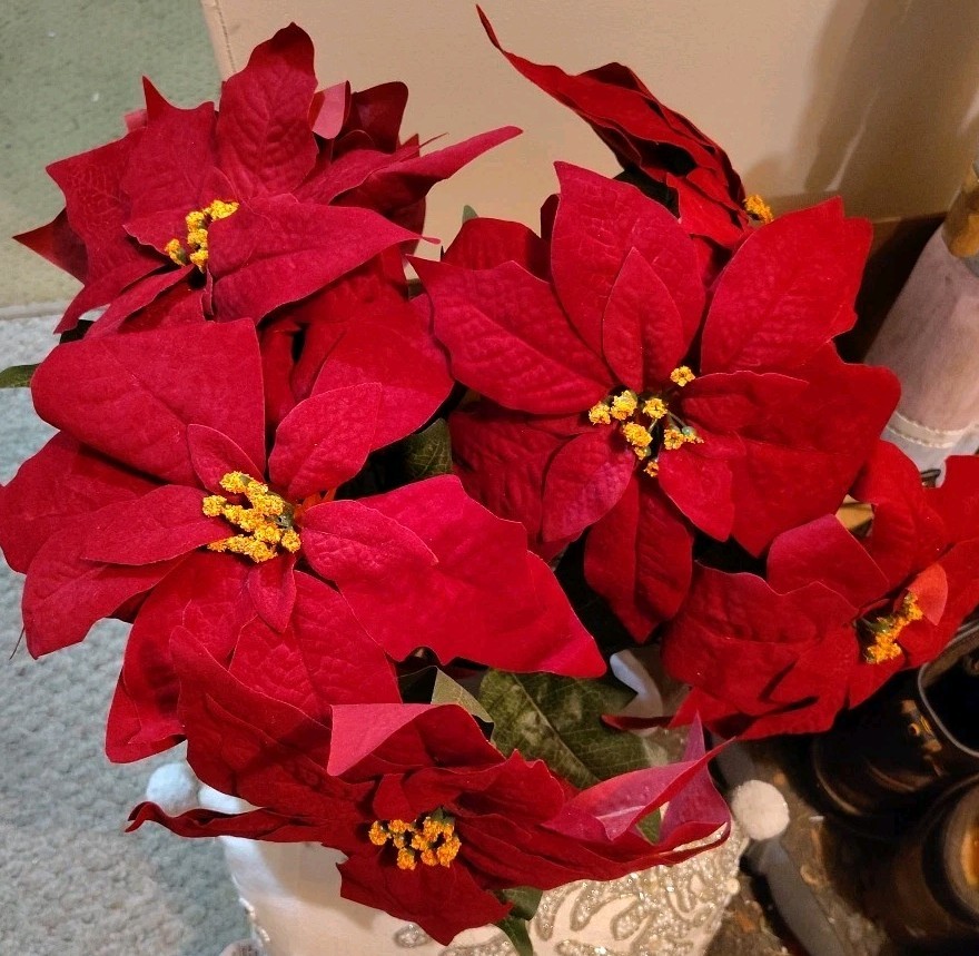 Artificial Poinsettia Deluxe Bushes 2 Bushes Christmas Flowers Burgundy