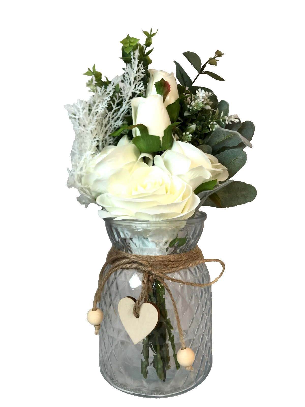 Faux White Silk Rose Flower Arrangement Glass Vase Rustic Decoration 2 Pack