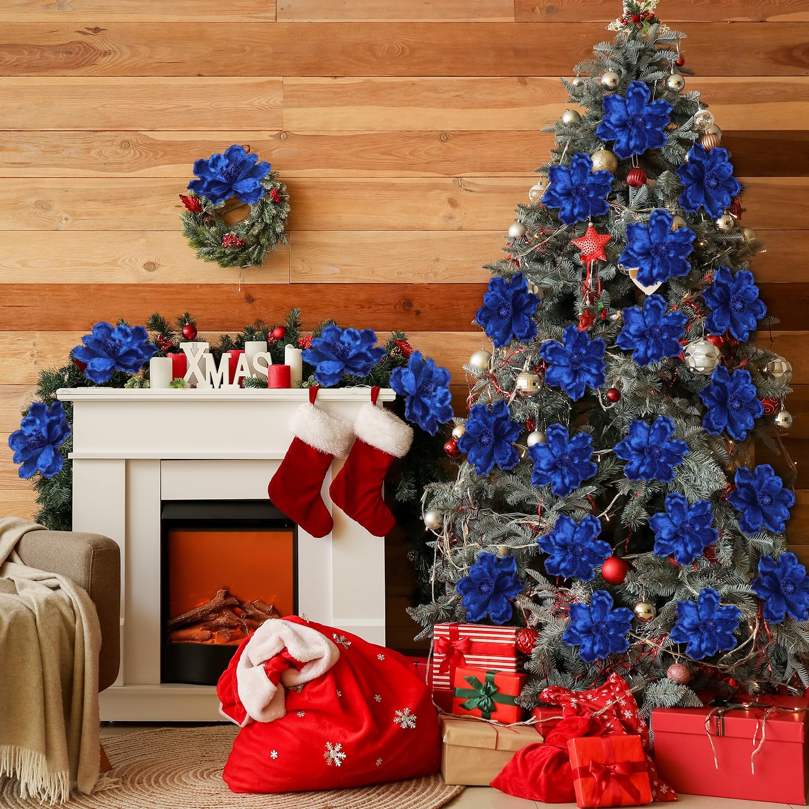 20 PCS Dark Blue Christmas Glitter Poinsettia Magnolia Flower Large Ornament