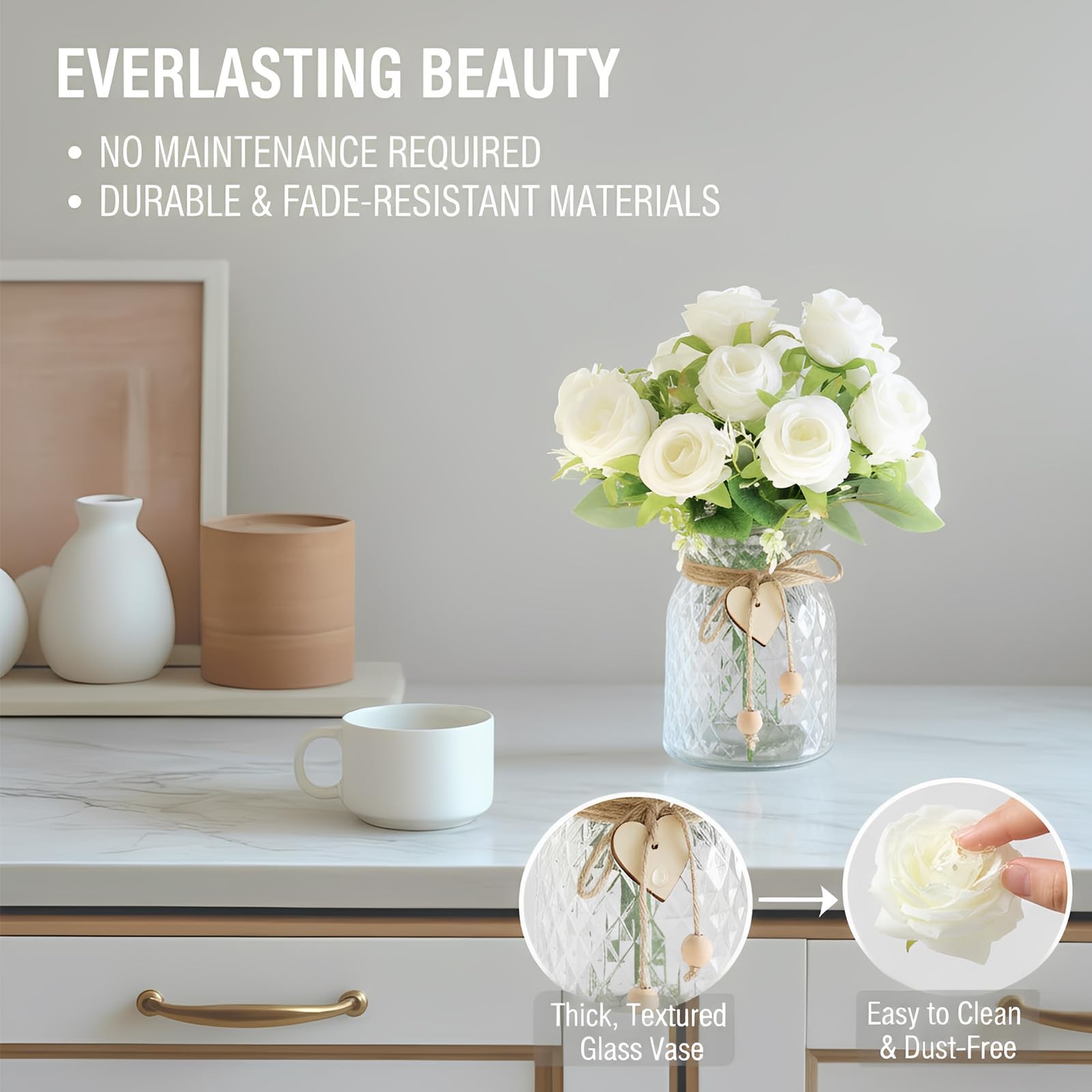Faux Flowers in Vase, 18 Pcs Fake Rose Flowers, Artificial Flowers for Home D…