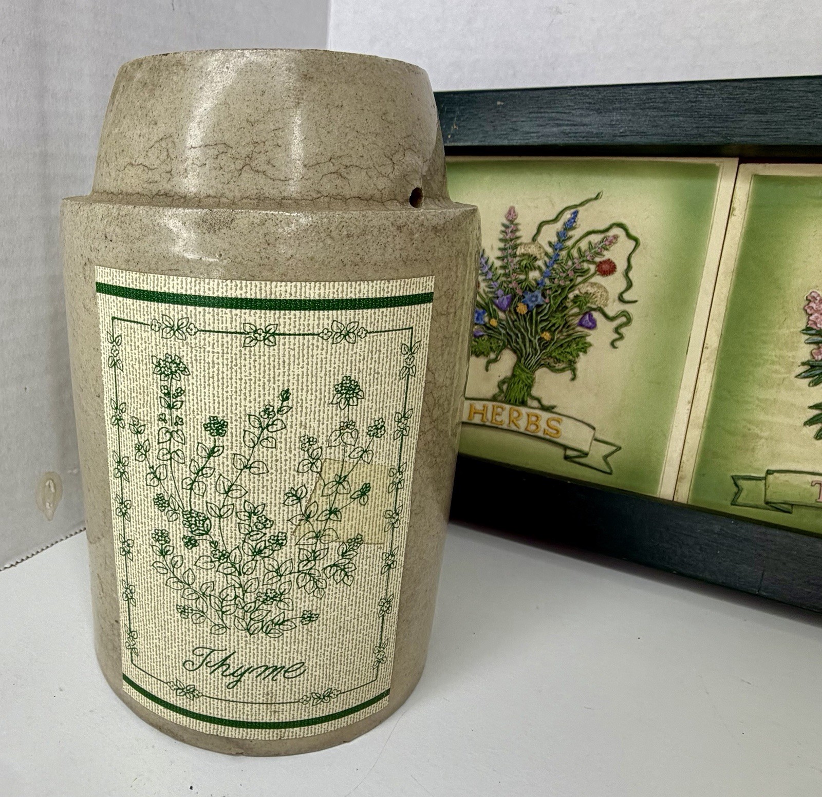 Set of Garden Wood Plaque w/ Herb Tiles Metal Vase Trash Can & Herb Crock