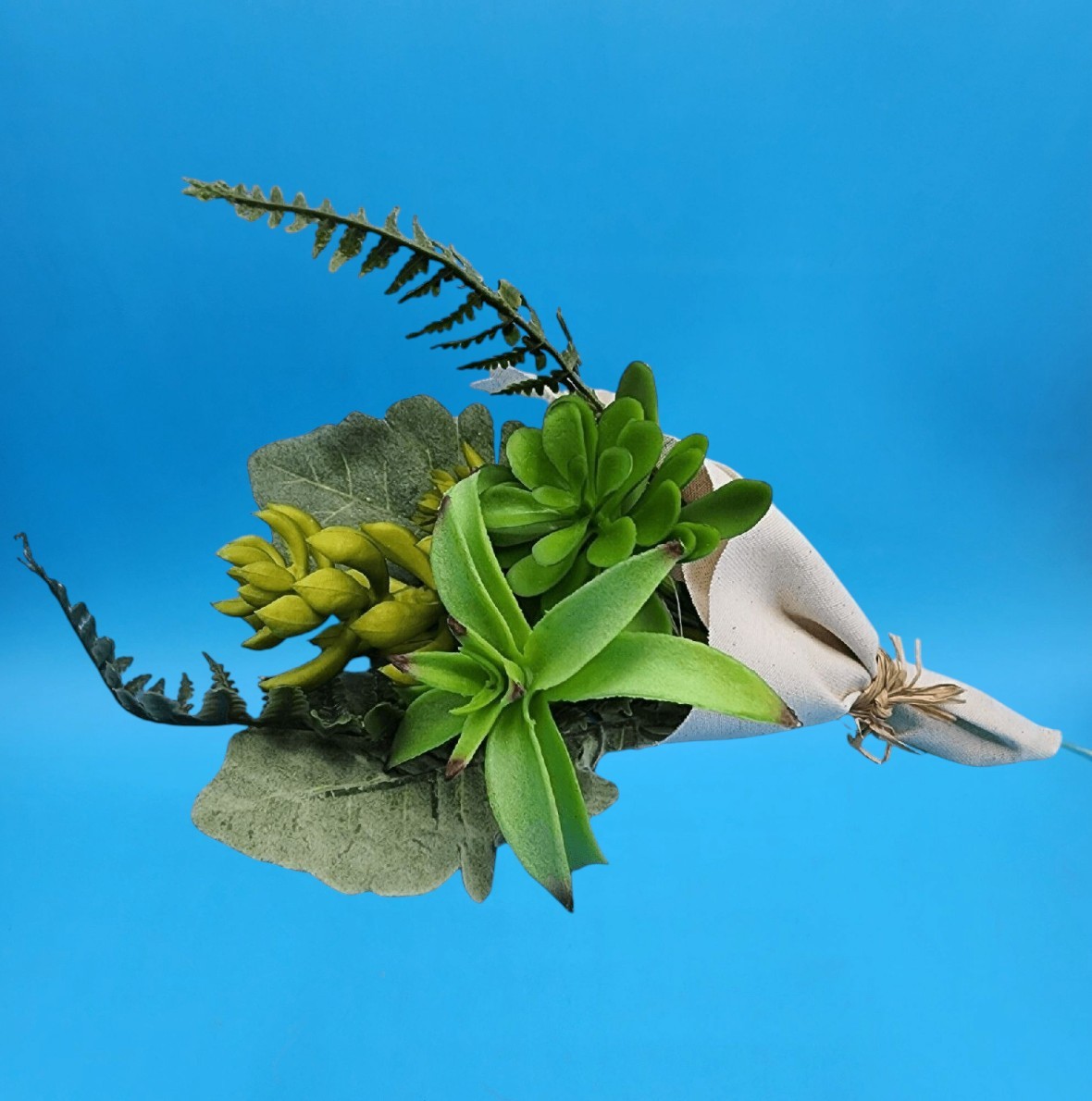 Artificial Green Succulent Bouquet Plant Leaves Wrapped Natural Cotton Cloth