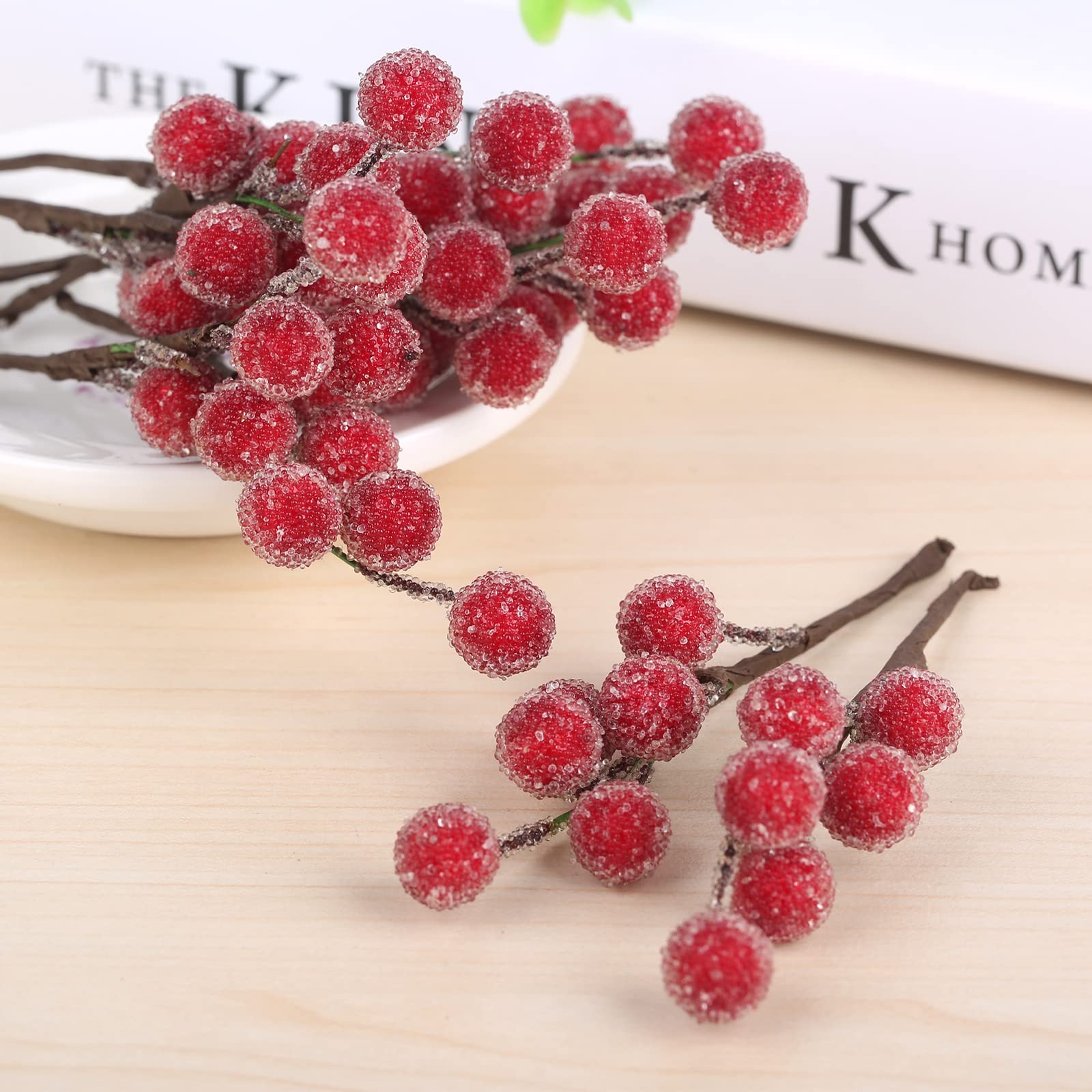 10 PCS Red Christmas Artificial Frosted Holly Berries Branch Floral Decor
