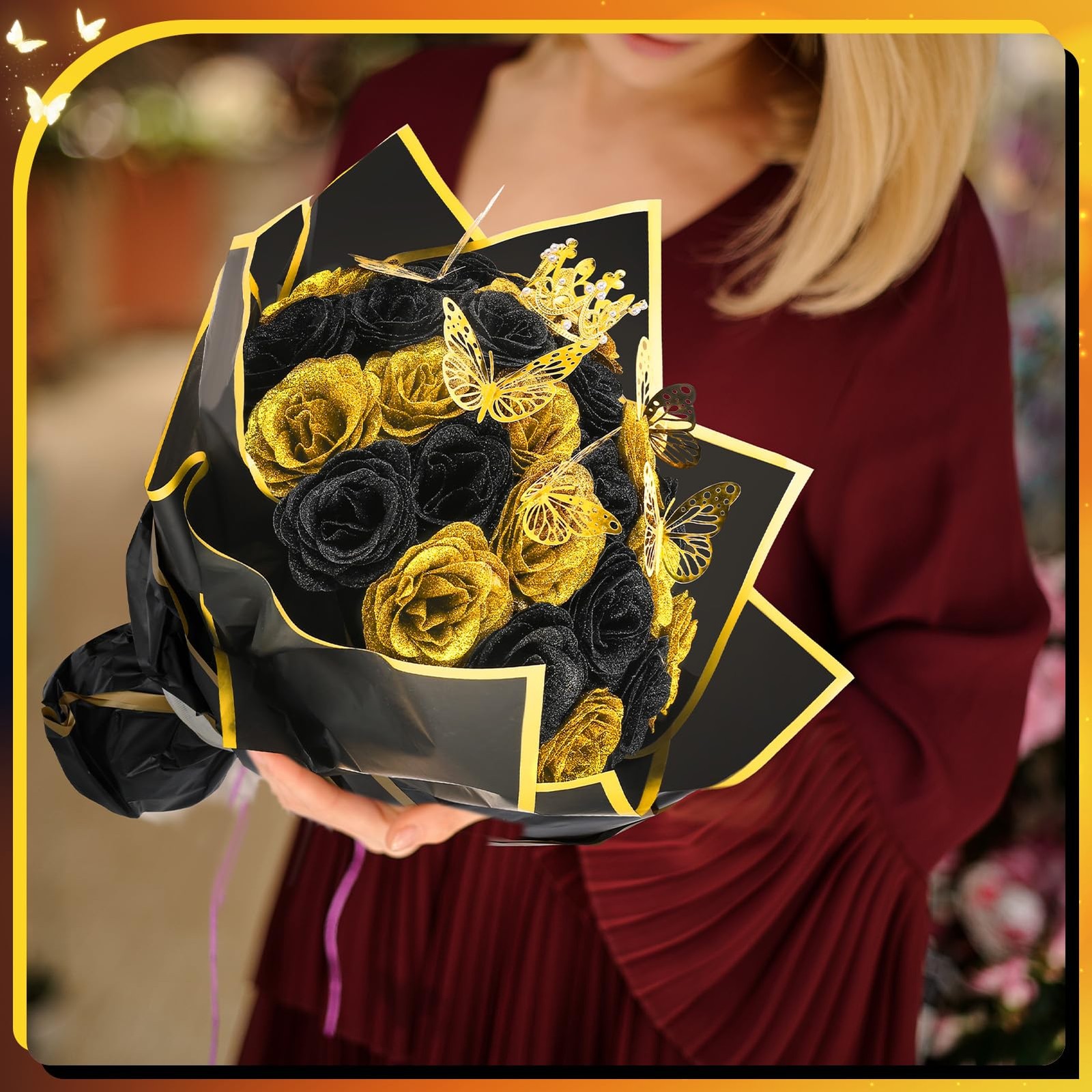 36 PCS Glitter Roses Bouquet Kit, Black, Gold Sparkling Flower Arrangement wi…