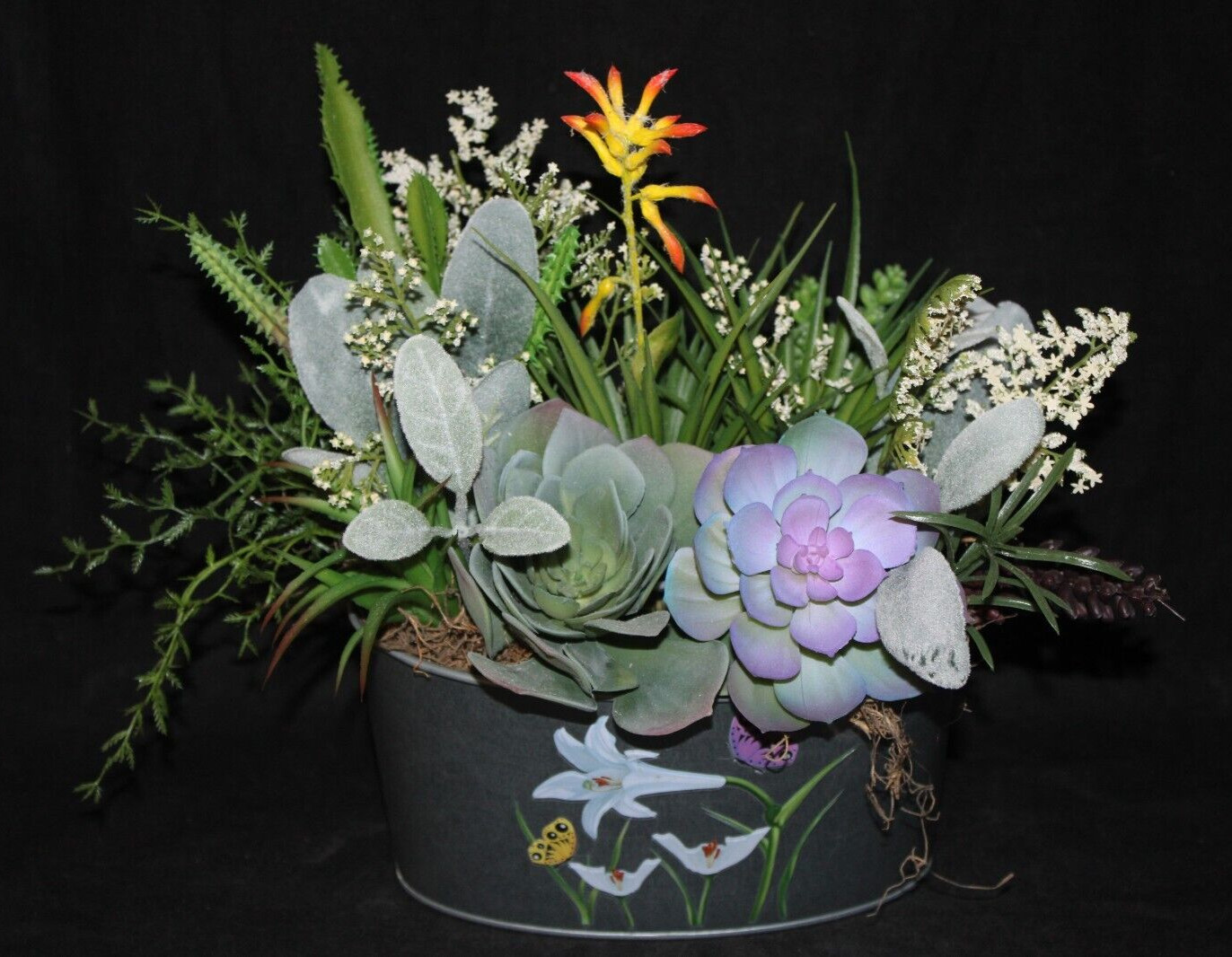 Mixed Artificial Succulent Arrangement in Garden Metal Planter
