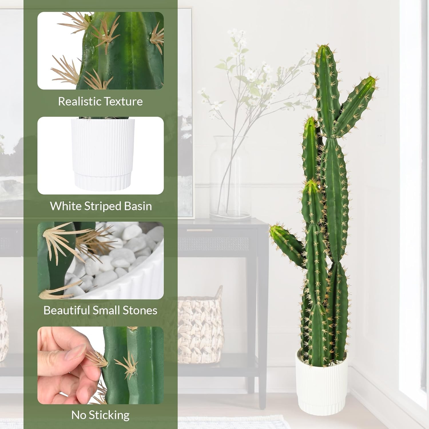 51″ Realistic Faux Cactus in White Pot – Low Maintenance Indoor/Outdoor Decor