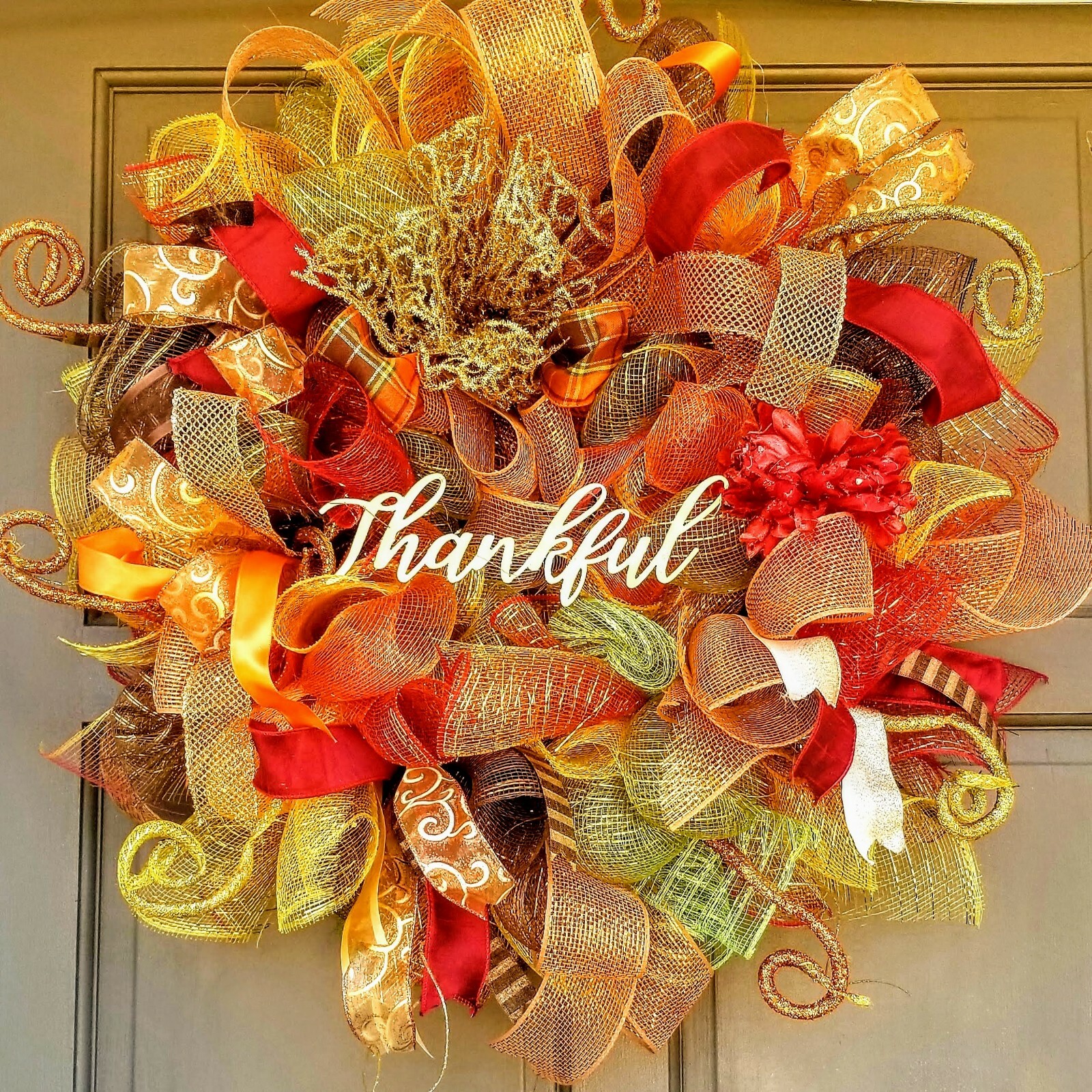 Large 24″ Handmade Fall Autumn Welcome Wreath Gold Deco Mesh Front Door Decor