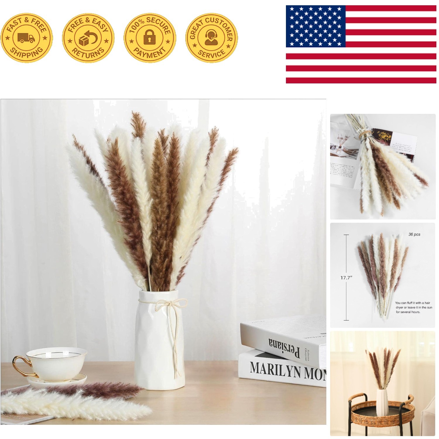 30 Pcs Natural Pampas Grass – Fluffy & Stylish 17.7 Inch Decorating Bouquets