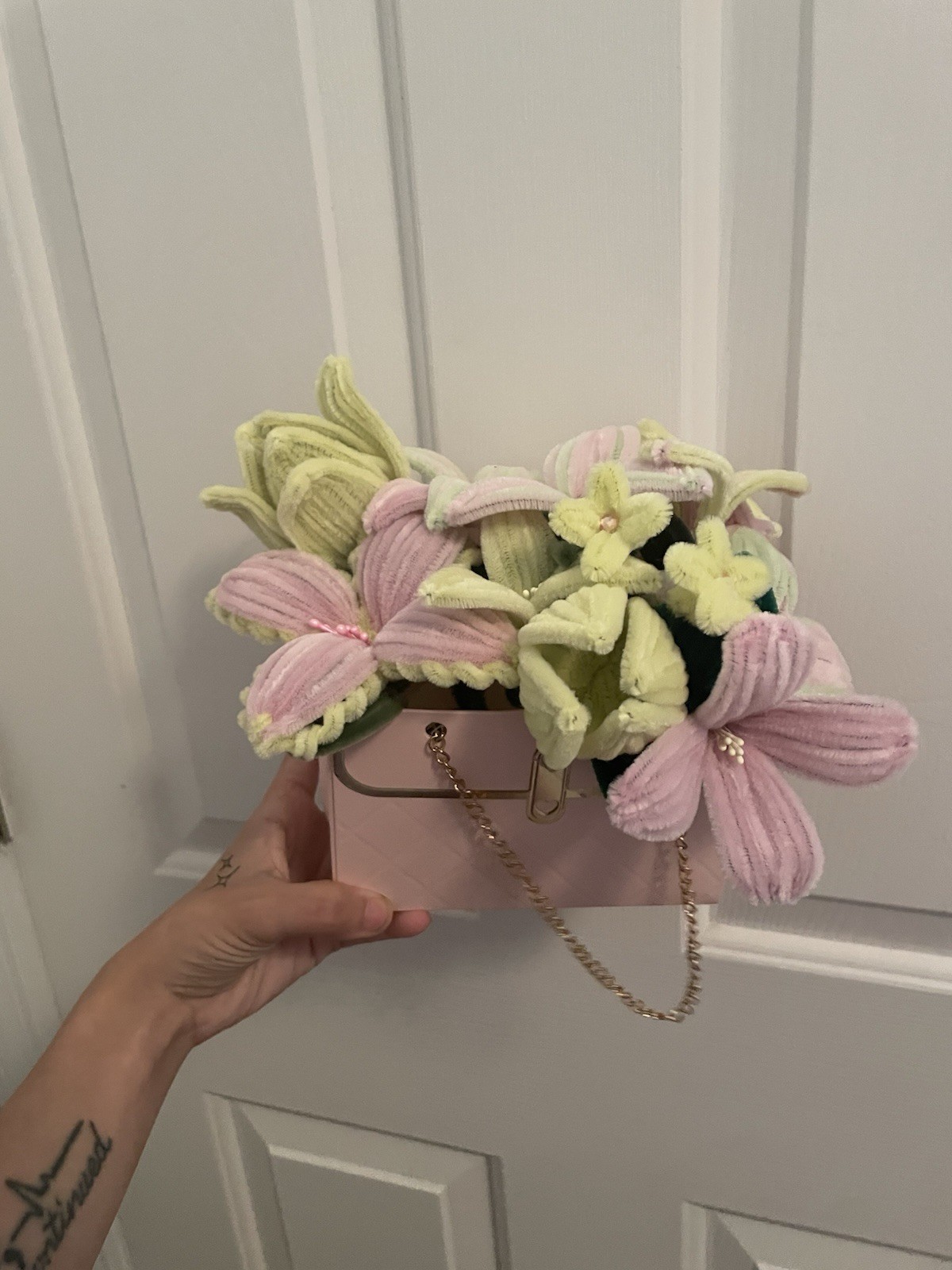 Pink & yellow pipe cleaner flower bouquet w purse, gift bag anniversary birthday