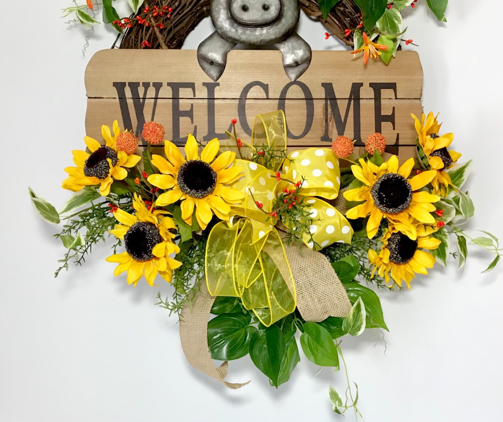 BRIGHT SUNFLOWER GRAPEVINE SUMMER WREATH METAL PIG WOOD WELCOME SIGN DECOR NEW