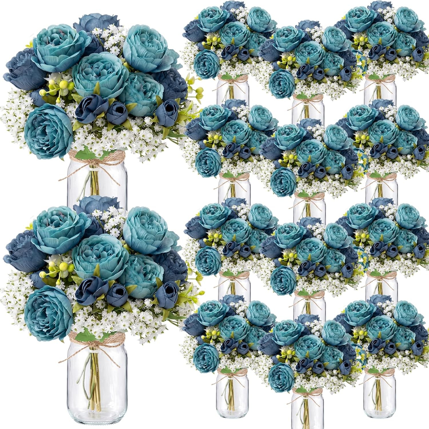 12 Sets Mason Jar Centerpiece Table Decorations Blue & Teal Peony W/ Baby’s