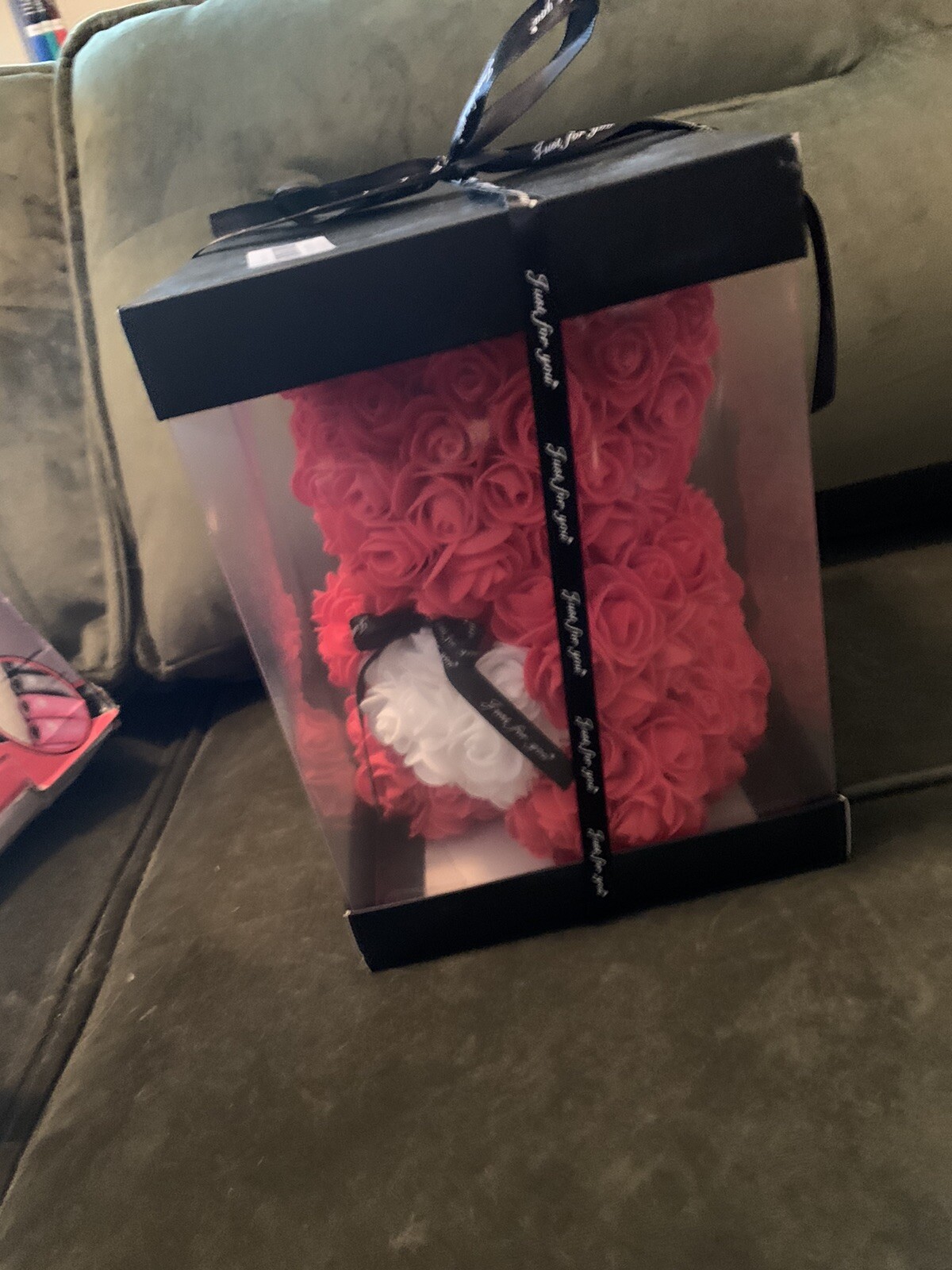 Red Rose Teddy Bear Gift “Just For You” New, Open Box Foam Flowers Cute!