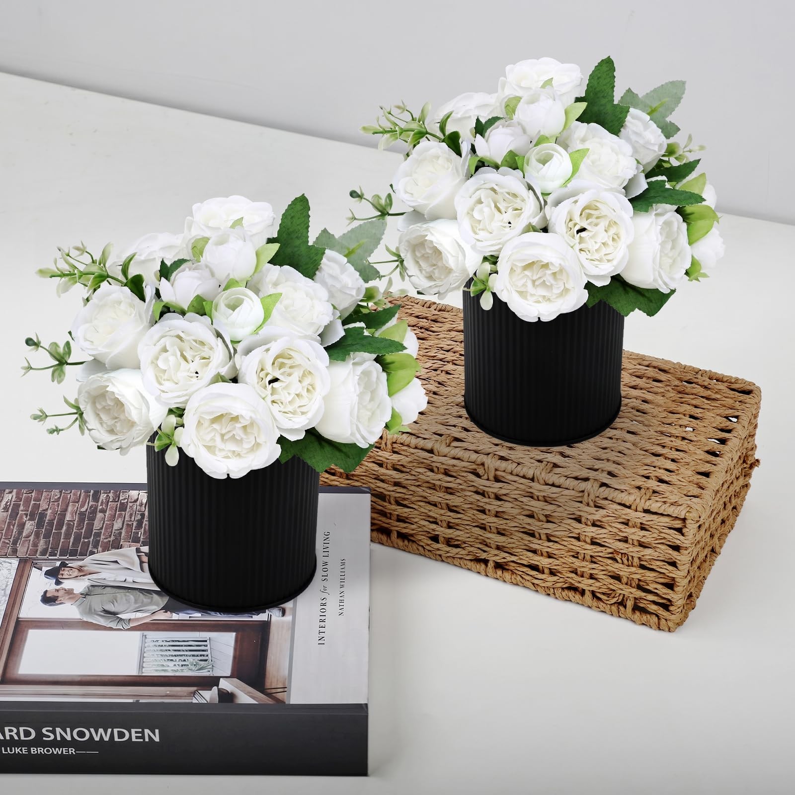 Pre-Made Flower Table Centerpieces, Set of 6 Artificial Silk Peonies with Bla…