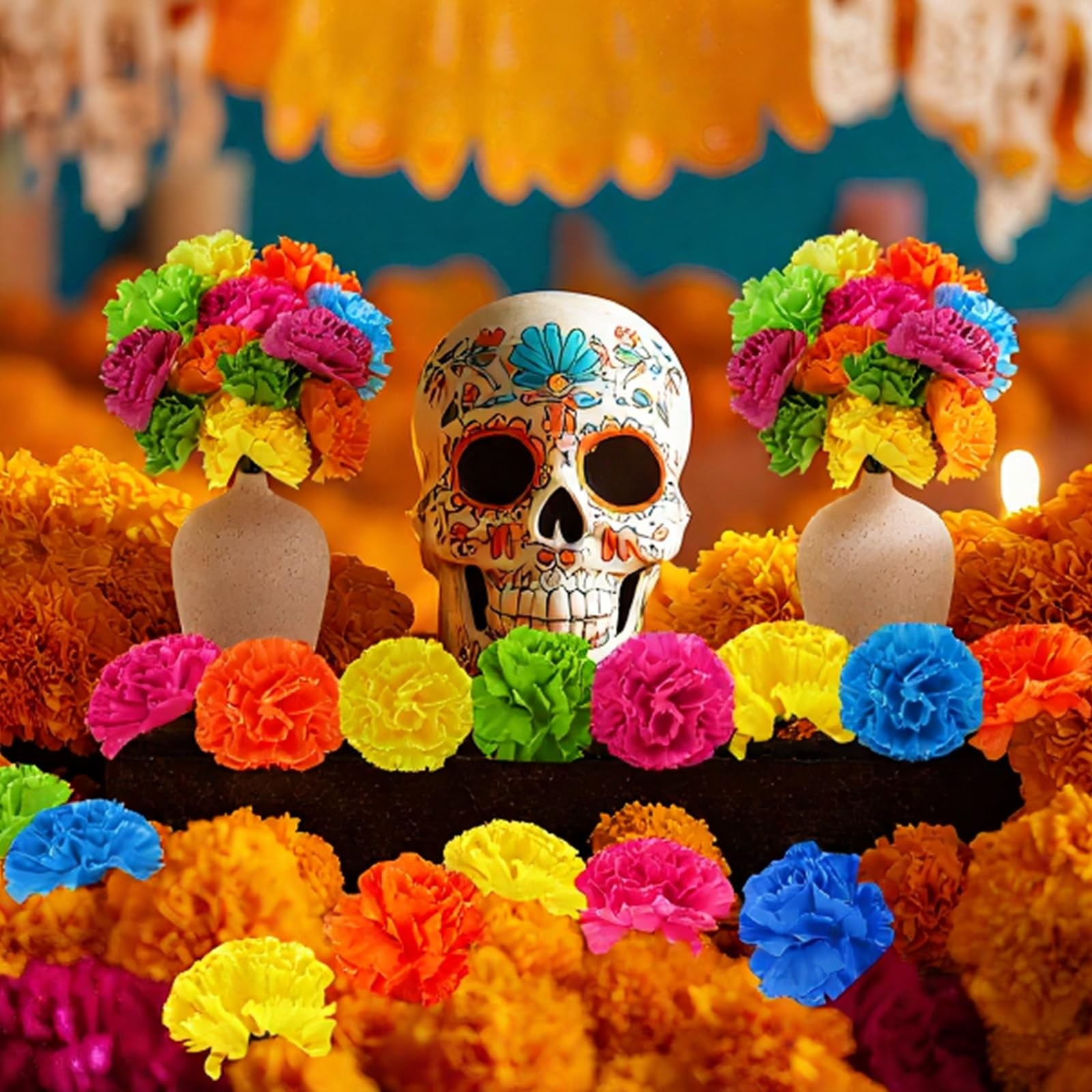 50 Pcs Artificial Marigold Flower Bulk Decorations Mexican Flores Artificiale…
