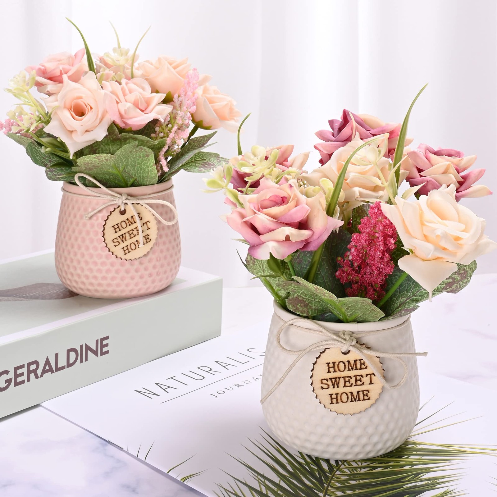 Artificial Flowers with Vase, 2pcs Pink Silk Roses in Pot, Fake Roses Bouquet De