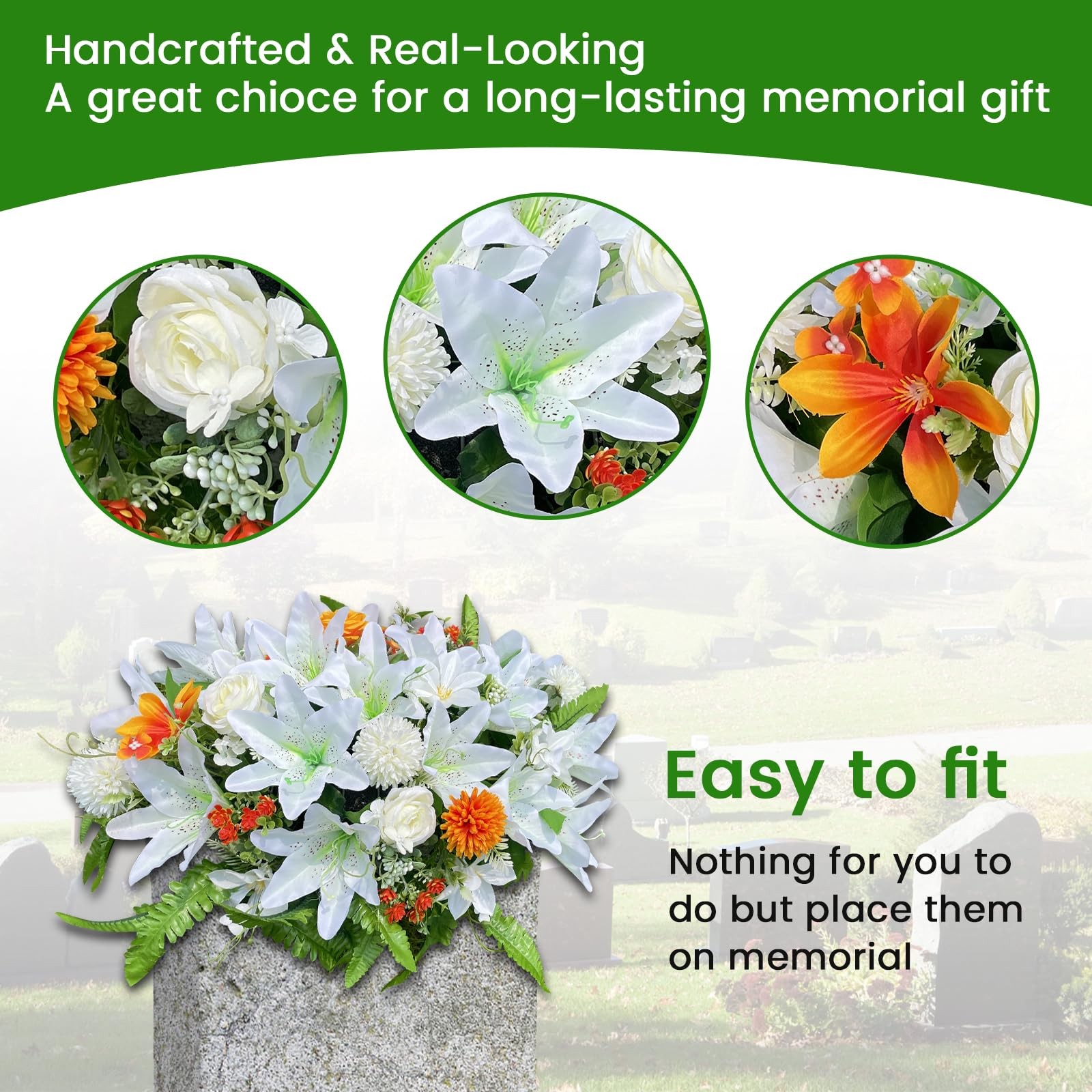Headstone Flower Saddle, Silks Artificial Cemetery Flowers for Grave-Realisti…