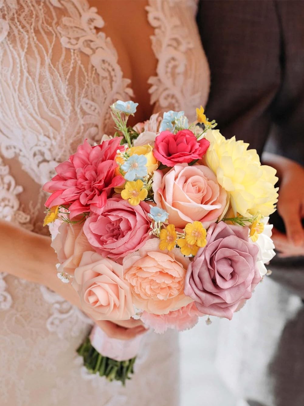 Artificial Flower Box Set Pink & Yellow Silk Flowers Rose Faux Flowers for DI…
