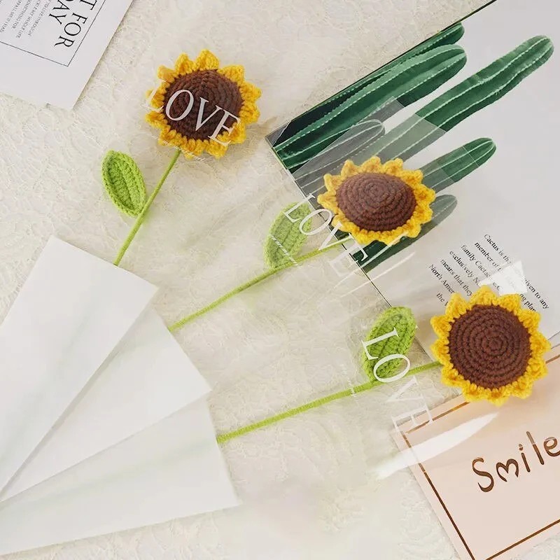 3 pcs Knitted Crochet Sunflower Flower, Handwoven Bouquet Flowers Girl Gift