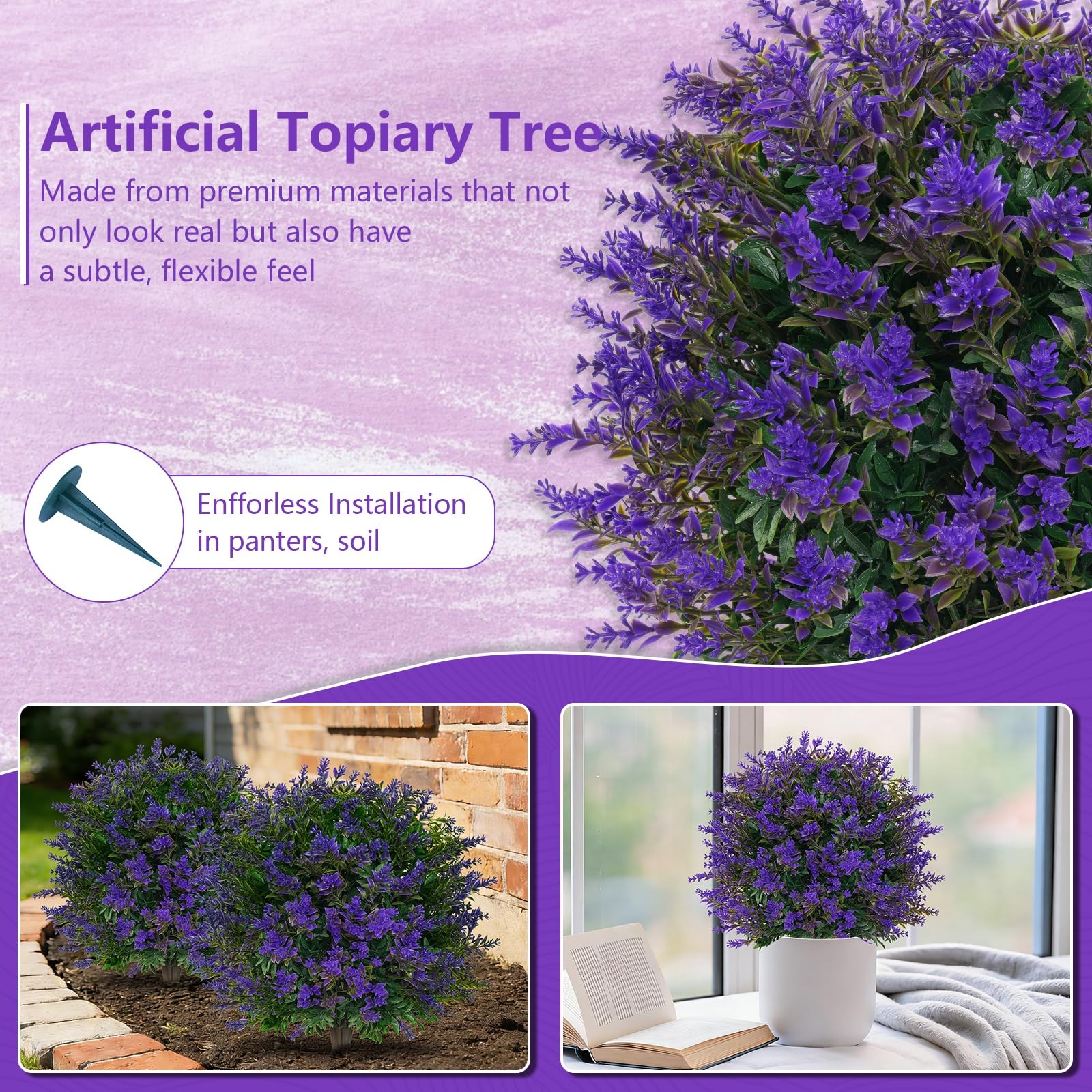 Artificial Lavender Topiary Ball for Outdoors, Set of 2 Boxwood Plant Tree wi…
