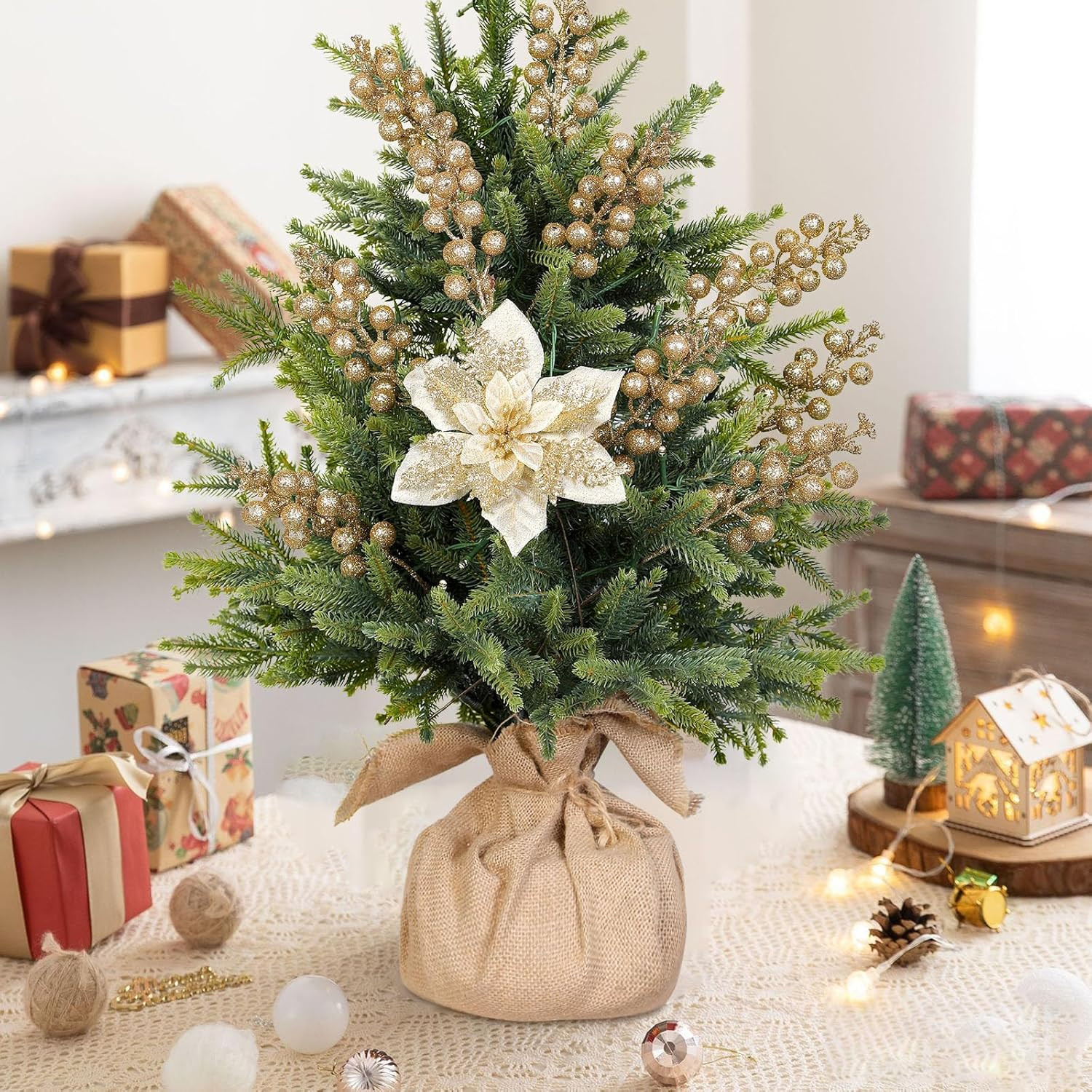 24Pc Gold Christmas Tree Decorations, 12 Poinsettia Flowers & 12 Glitter Picks