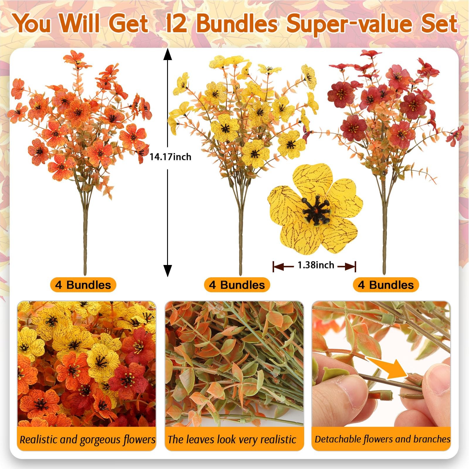 12 Bundles Artificial Fall Flowers Faux Mums for Outdoor Indoor, Artificial P…