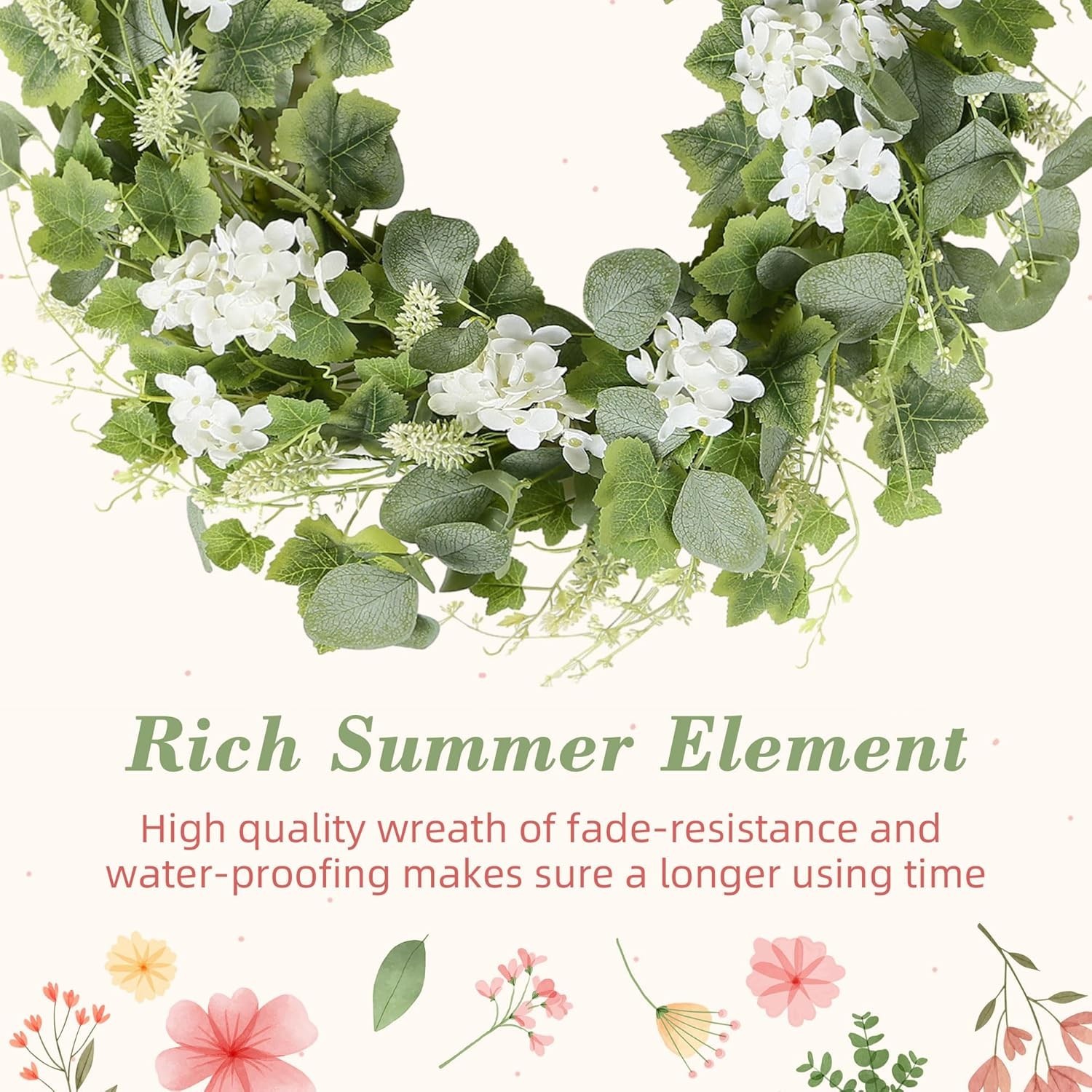 18-Inch Artificial Spring Summer Wreath with Eucalyptus and White Flowers
