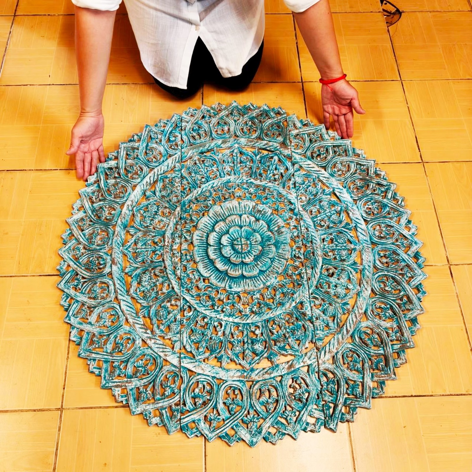 36″ Turquoise Wood Mandala Wall Art Teal White Wash Carved 3-Piece Bohemian #G