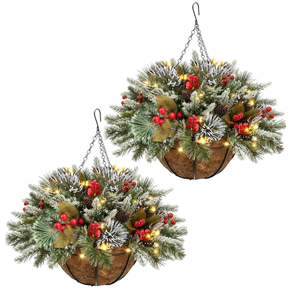 2PCS Artificial Hanging Basket Decorated with Pine Cones,Red Berry,Light up C…