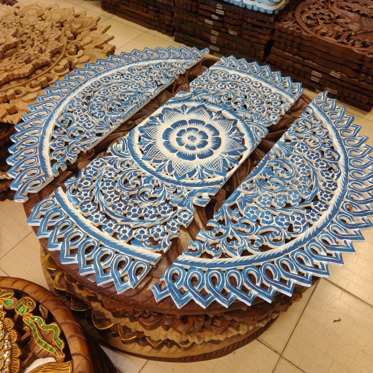 36″ Carved Wood Wall Art 3-Panel Round Mandala Coastal Blue & White #J