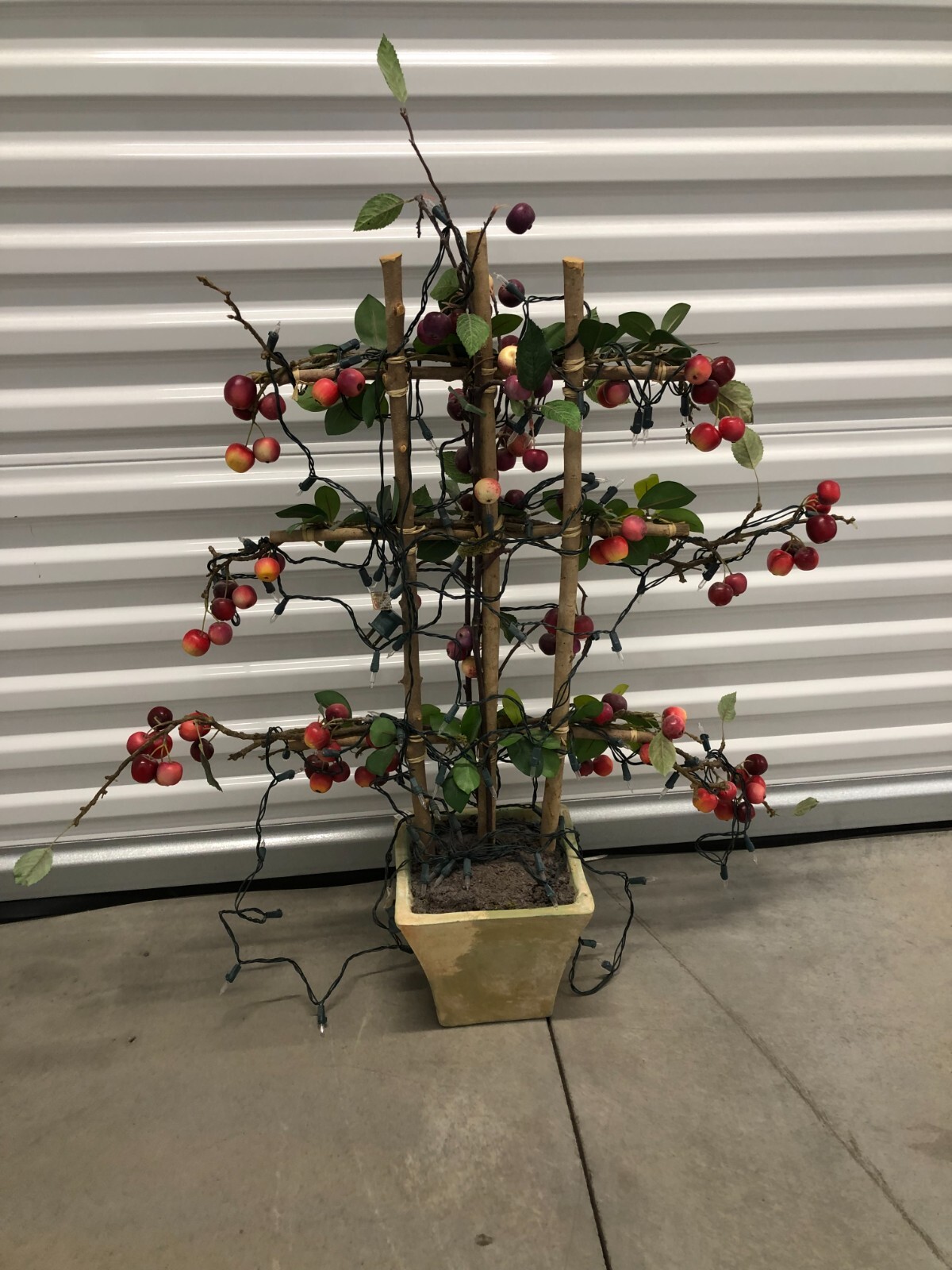 Lighted Faux Crabapple Tree on Bamboo Trellis, Decor Artificial Plant & Fruits