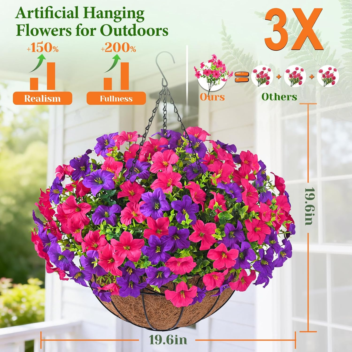 Realistic Artificial Hanging Flowers for Outdoors with Basket, 2 Set Large Size