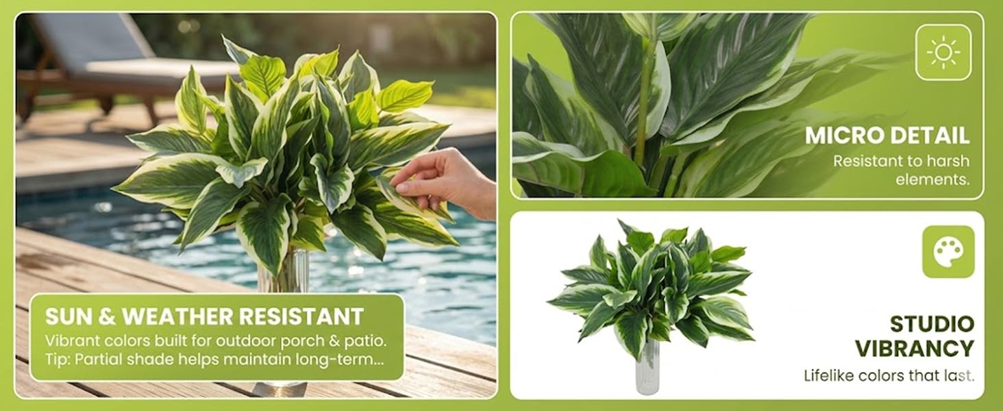 12PCS Artificial Tropical Green Plants – 15.75″ Fake Hostas Outdoor Artificial