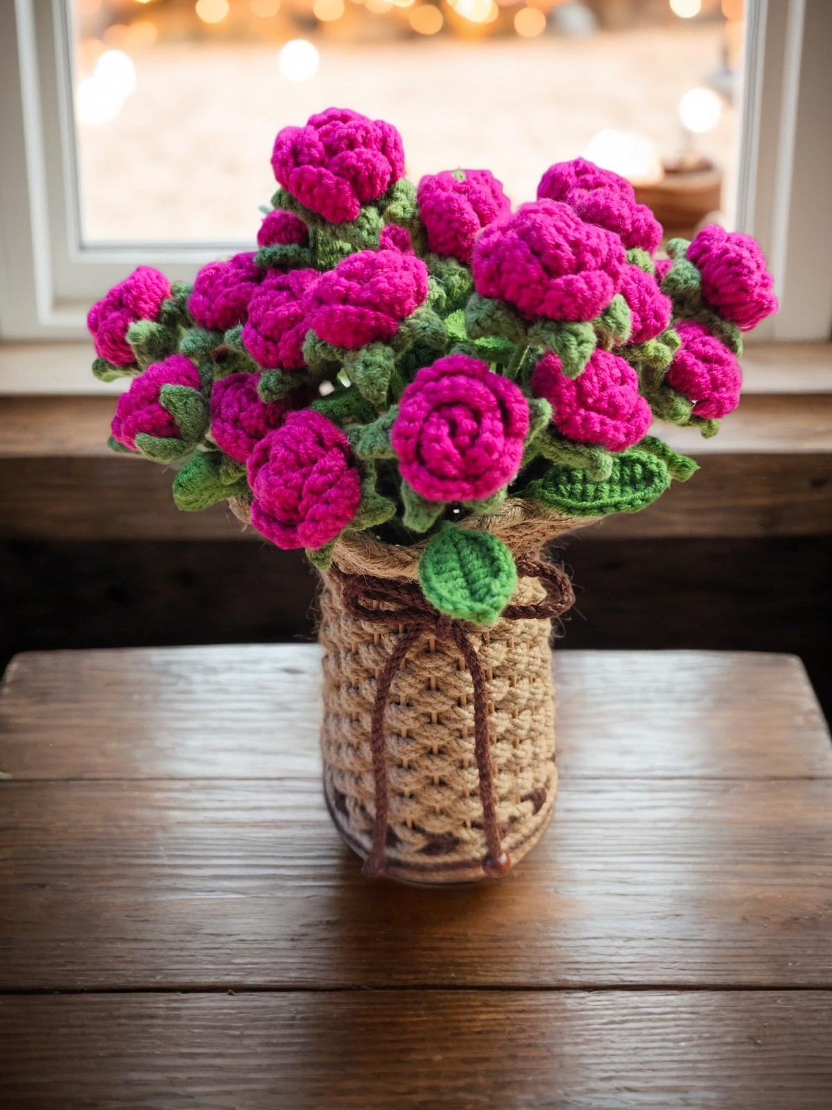 Crochet Red Roses Artificial Flowers Bouquet Knitted Vase Mothers Day Gift
