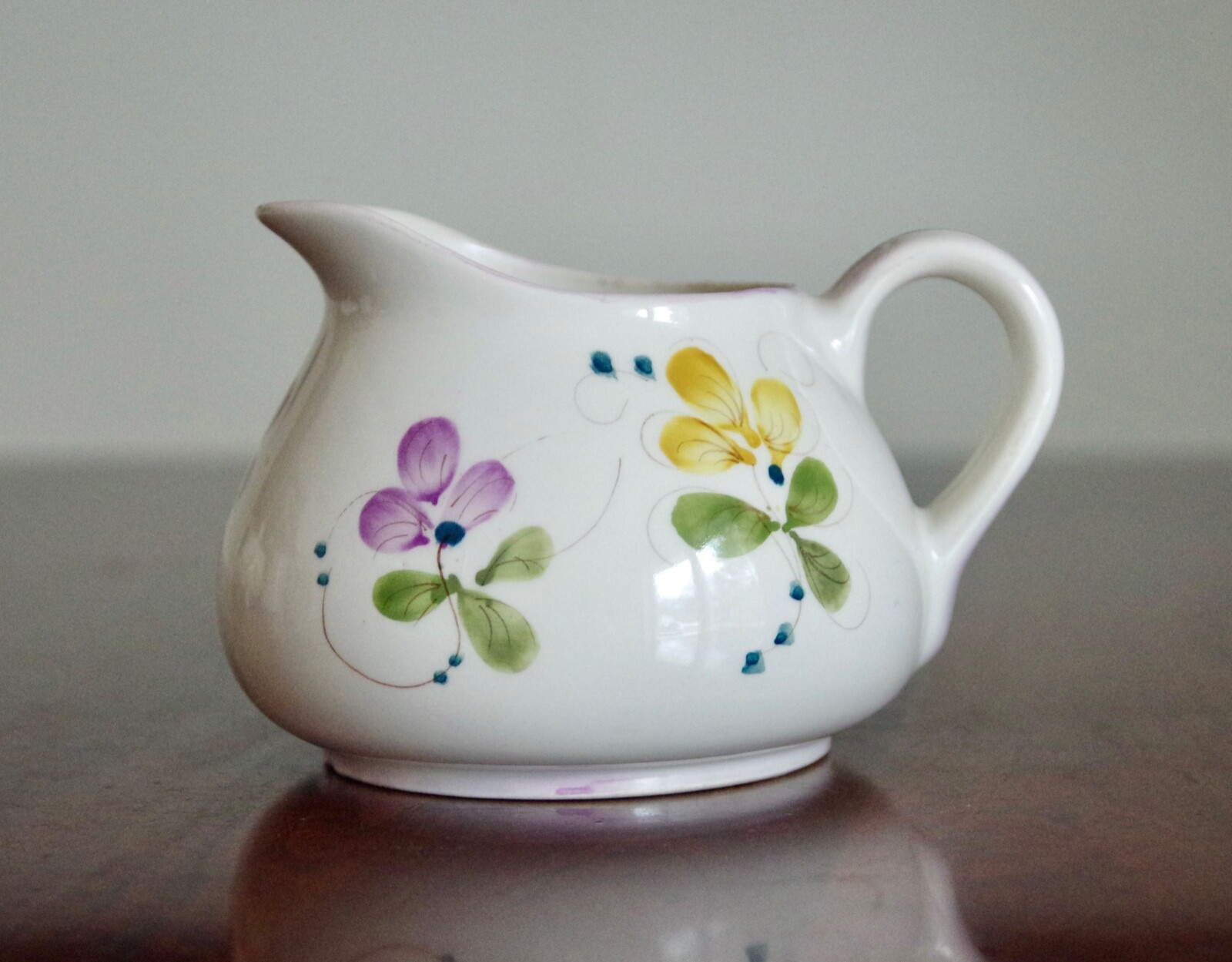 Vintage Hand Painted Portugal Floral Pitcher With Silk Lilac Arrangement