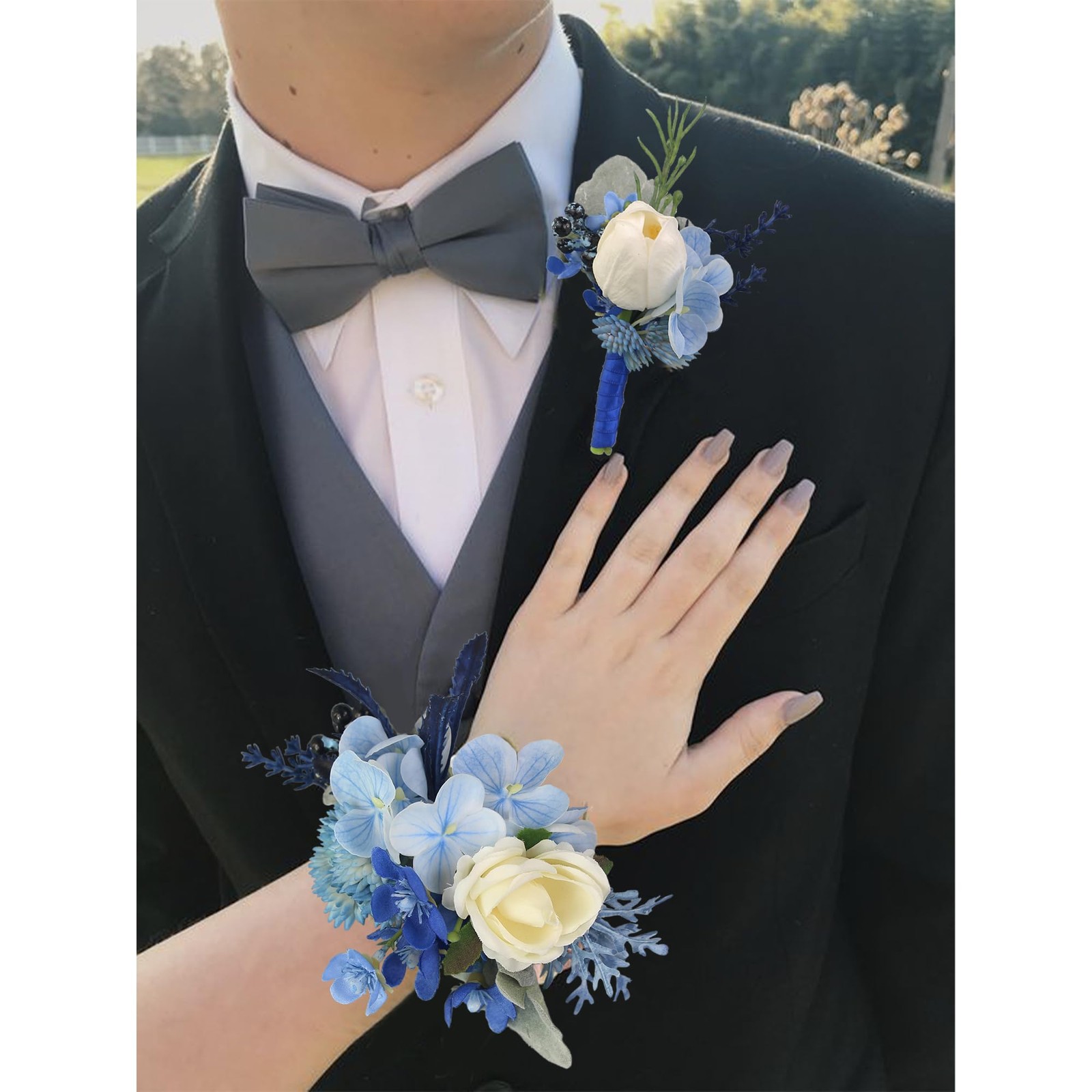 Corsage And Boutonniere Set Navy Blue Wristlet Men Wedding Homecoming Prom
