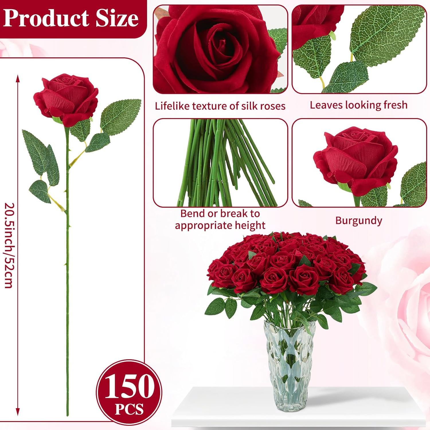 150 Pcs Silk Roses – Crimson Burgundy Long Stem Flowers for Weddings & Decor