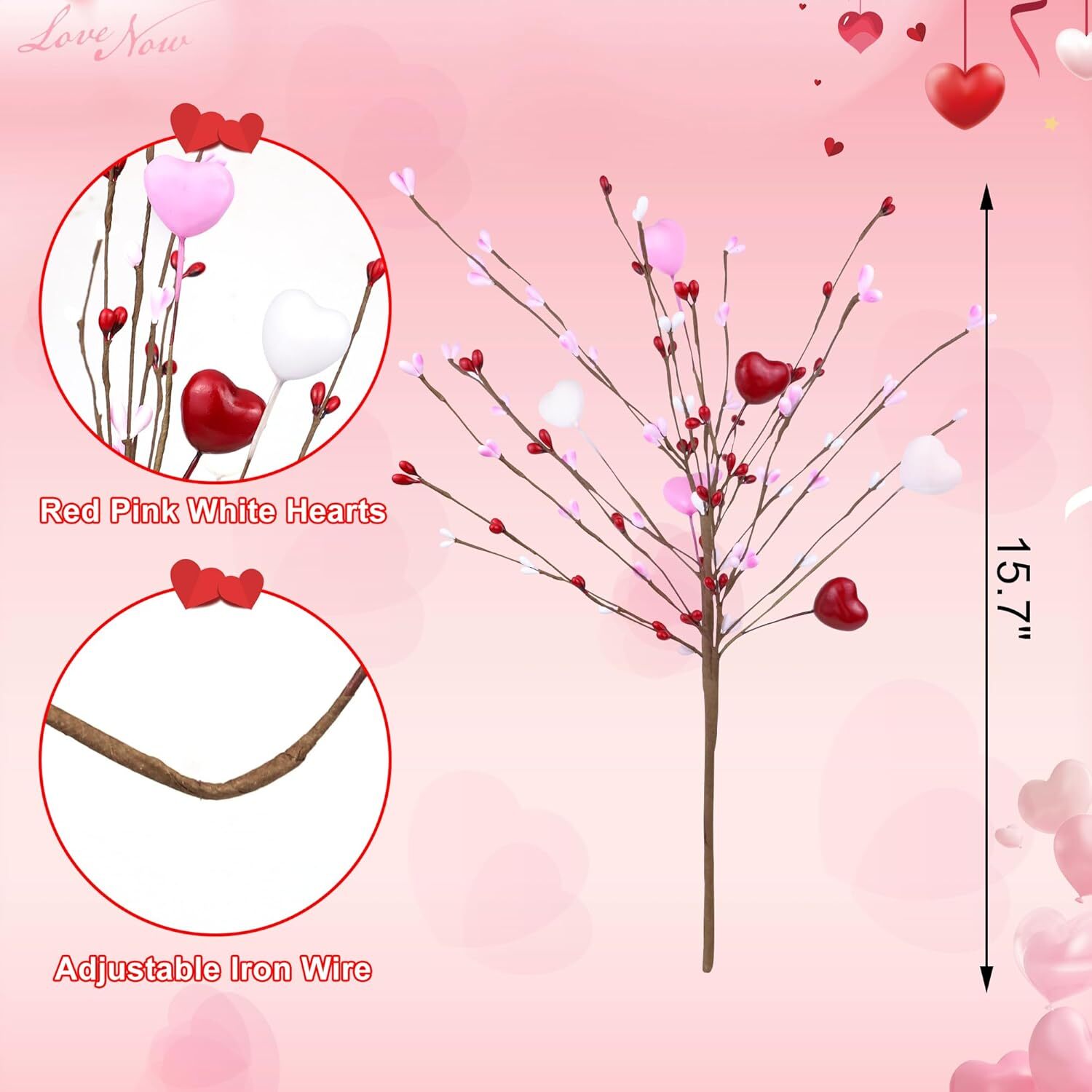 Valentines Day Decorations Artificial Hearts Flowers Berry Stems Gifts, 6 Packs