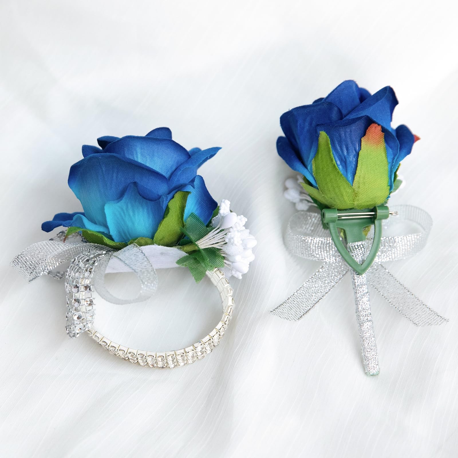 2 PCS Blue Rose Corsage & Boutonniere Set Wristlet Mens Prom Wedding Decor